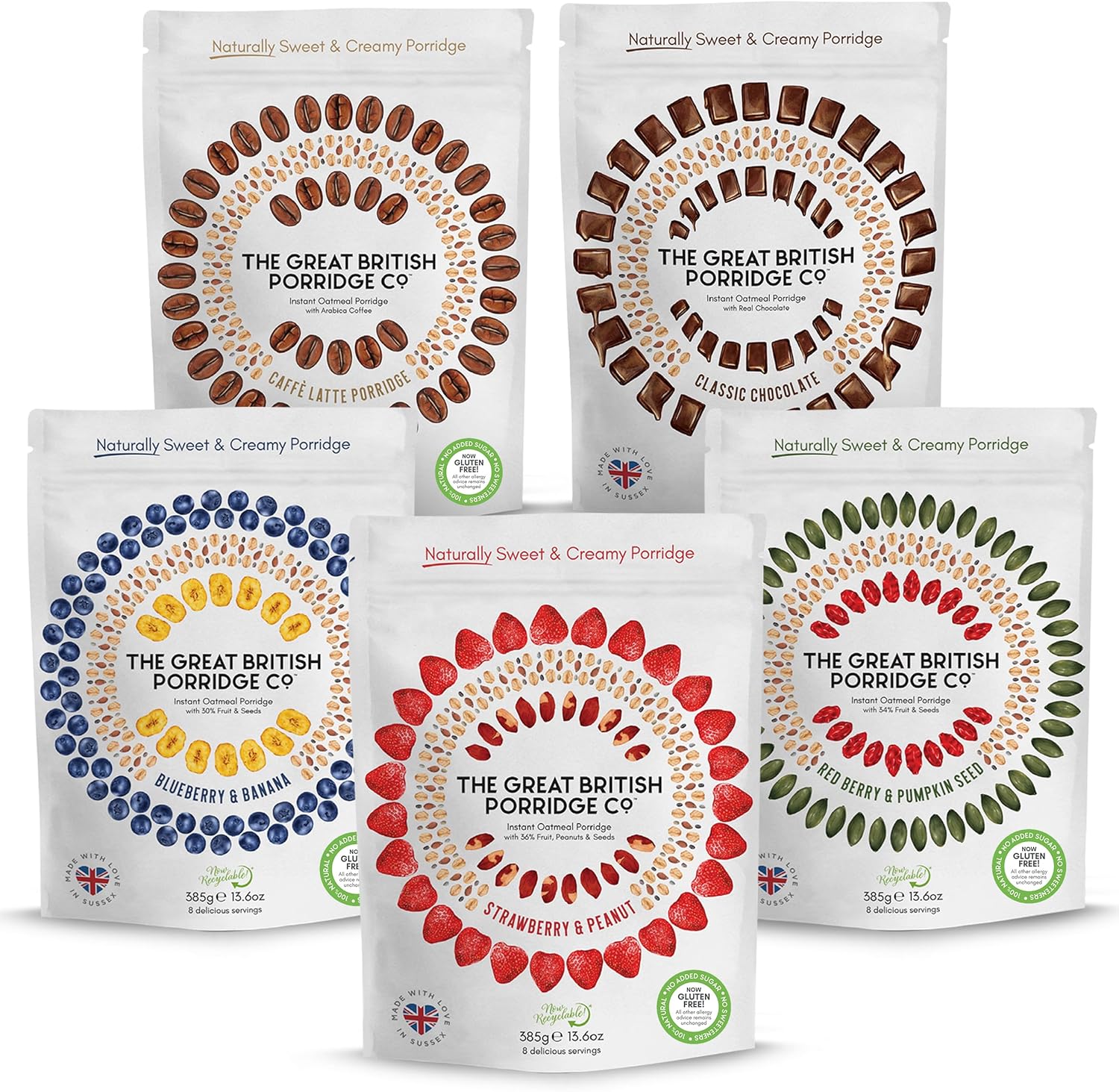 Mixed Variety Pack Gluten Free Instant Oatmeal Porridge from TGBPCo - Up to 40 Servings - Naturally Sweet & Creamy Porridge Oats - 5 x 385g Pouches - 100% Natural No Added Sugar Plant Based High Fibre-0