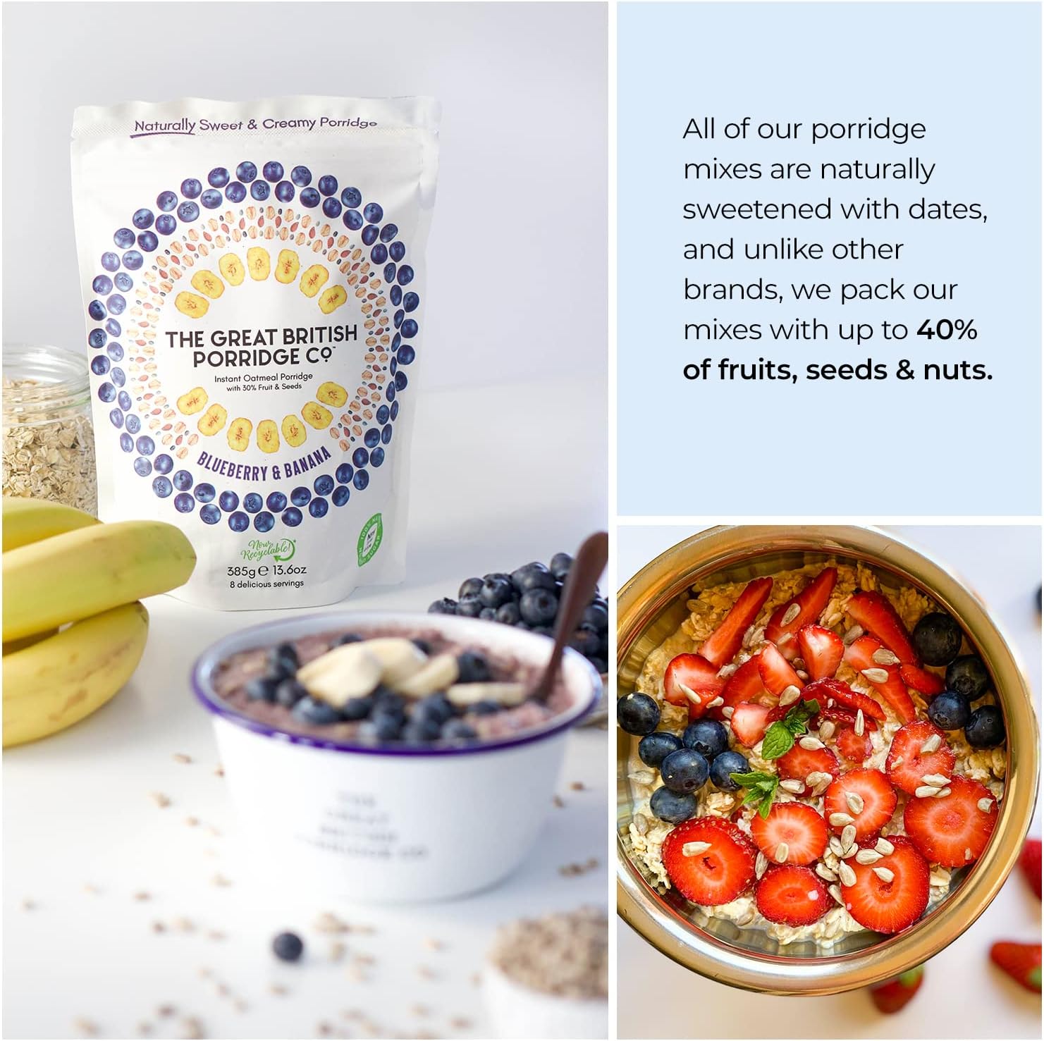 Mixed Variety Pack Gluten Free Instant Oatmeal Porridge from TGBPCo - Up to 40 Servings - Naturally Sweet & Creamy Porridge Oats - 5 x 385g Pouches - 100% Natural No Added Sugar Plant Based High Fibre-5