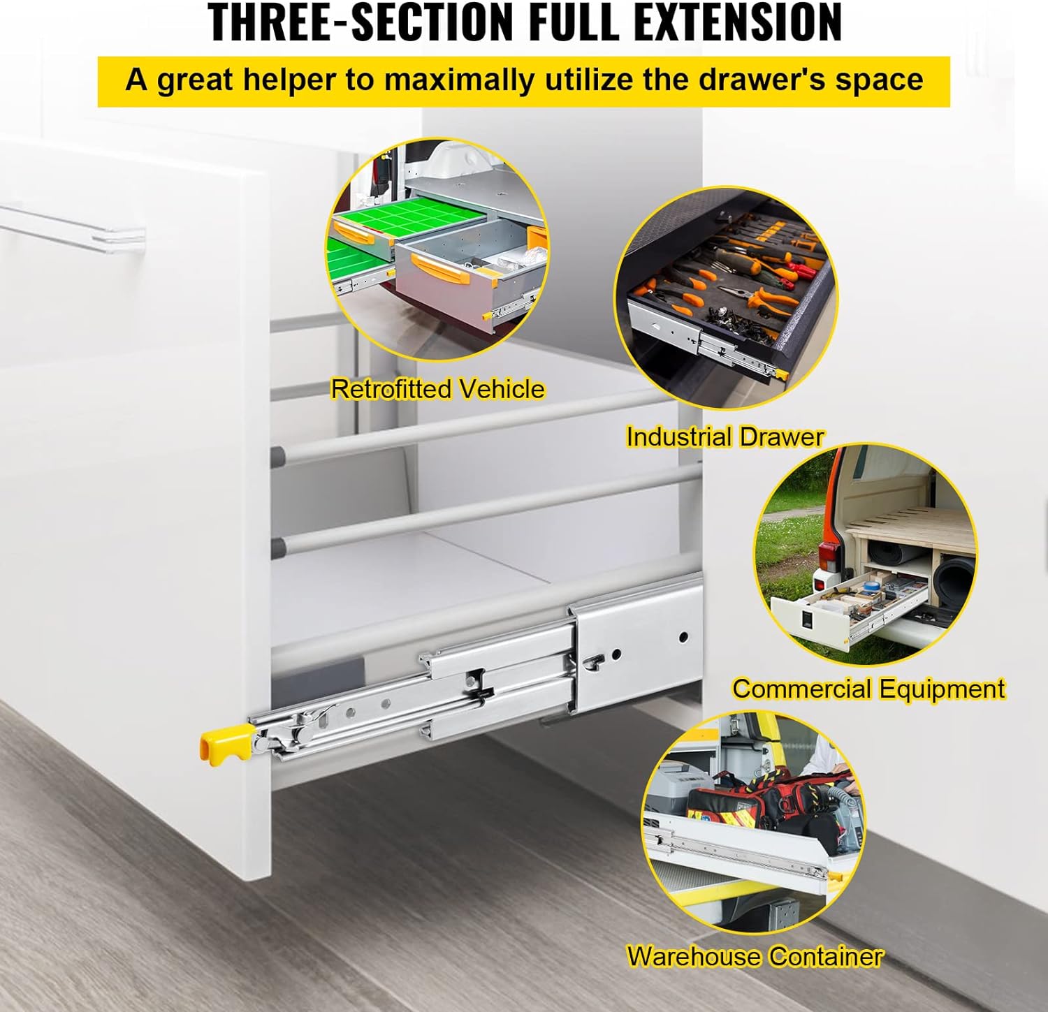 VEVOR Drawer Slides with Lock, 1 Pair 40 inch, Heavy-Duty Industrial Steel up to 500 lbs Capacity, 3-Fold Full Extension, Ball Bearing Lock-in & Lock-Out, Side Mount-1