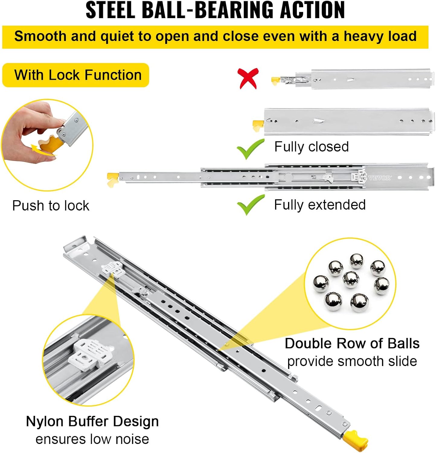 VEVOR Drawer Slides with Lock, 1 Pair 40 inch, Heavy-Duty Industrial Steel up to 500 lbs Capacity, 3-Fold Full Extension, Ball Bearing Lock-in & Lock-Out, Side Mount-2