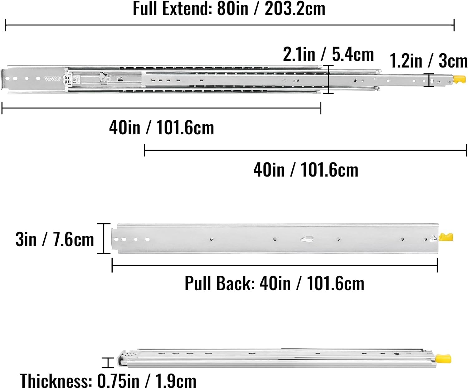 VEVOR Drawer Slides with Lock, 1 Pair 40 inch, Heavy-Duty Industrial Steel up to 500 lbs Capacity, 3-Fold Full Extension, Ball Bearing Lock-in & Lock-Out, Side Mount-4