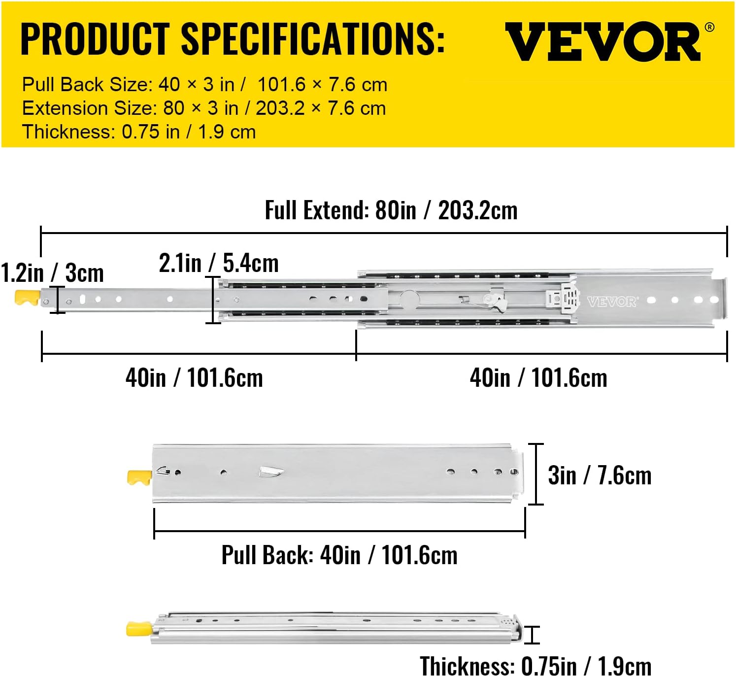 VEVOR Drawer Slides with Lock, 1 Pair 40 inch, Heavy-Duty Industrial Steel up to 500 lbs Capacity, 3-Fold Full Extension, Ball Bearing Lock-in & Lock-Out, Side Mount-6