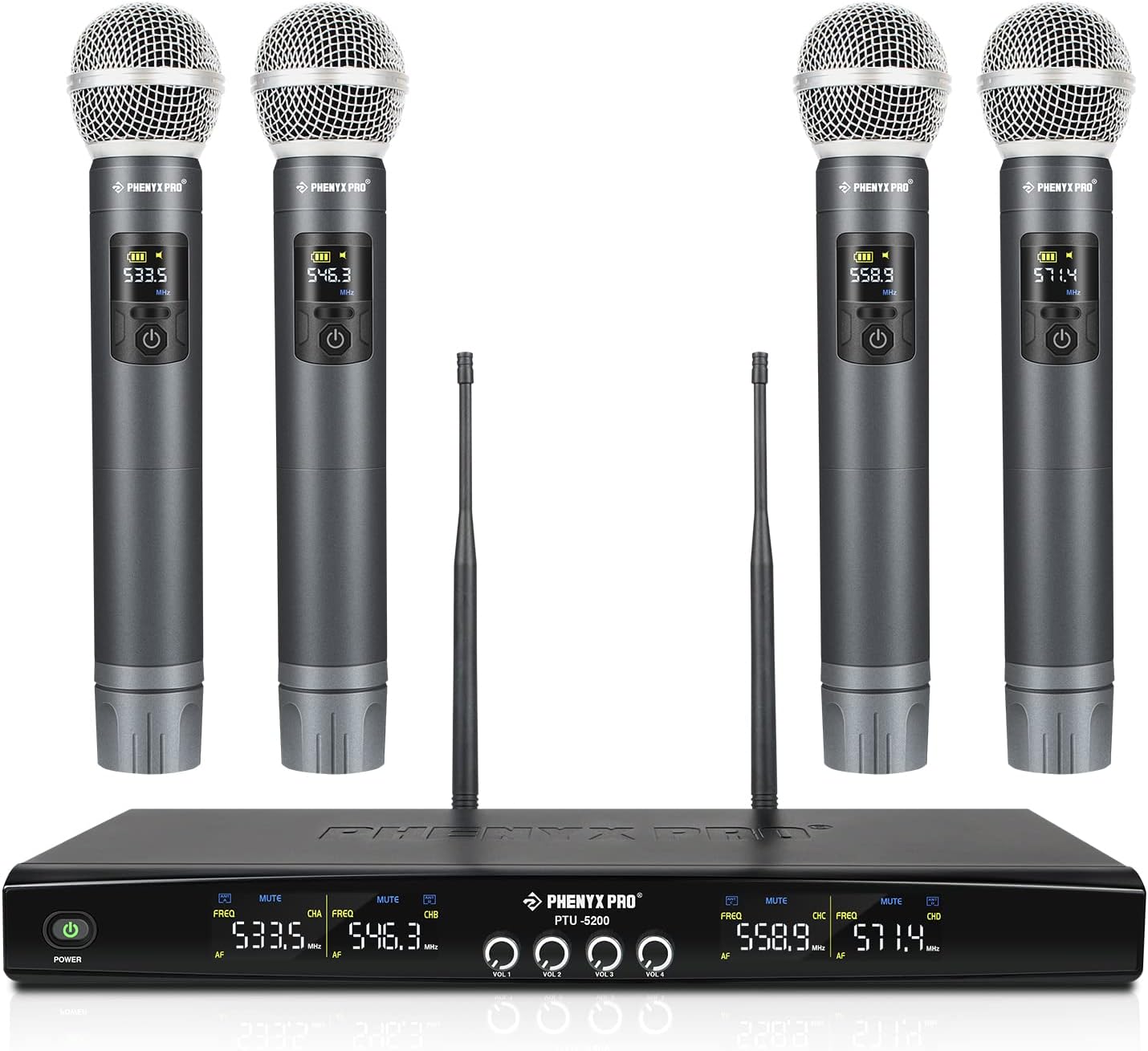 Phenyx Pro Wireless Microphone System, Metal Wireless Mic Set with 4 Cordless Mics, 4x25 UHF Adjustable Frequencies, 200ft Range, Dynamic Microphones for Singing, Karaoke, Church, DJ (PTU-5200)-0