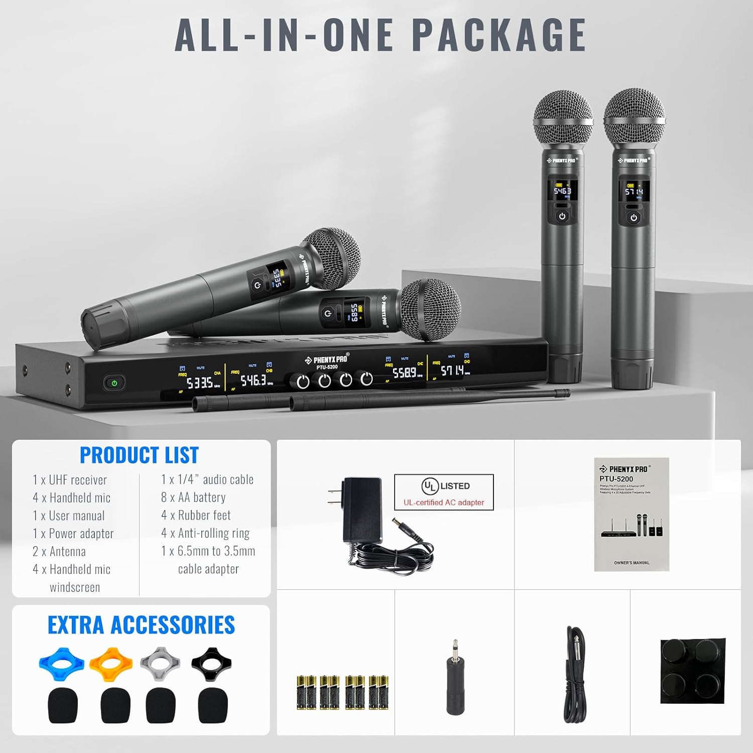 Phenyx Pro Wireless Microphone System, Metal Wireless Mic Set with 4 Cordless Mics, 4x25 UHF Adjustable Frequencies, 200ft Range, Dynamic Microphones for Singing, Karaoke, Church, DJ (PTU-5200)-5