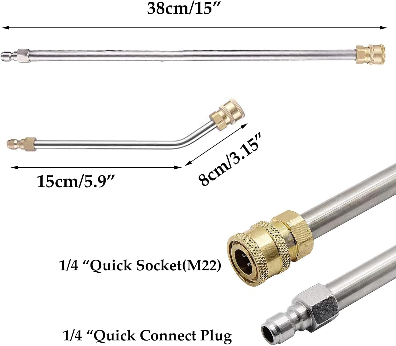 2Pcs Pressure Washer Extension Wand, Extension Lance (15"/38cm) + 30°Curved Extension Rod (8.7"/22cm), 1/4 Inch Quick Connect, 4000 PSI-1