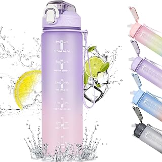 CodiCile 1L Water Bottle, Sports Water Bottle with Straw and Time Markings,Motivational Leakproof 1 litre Water Bottle with BPA Free Lid for Sports Gym Office Running (Gradient Purple)