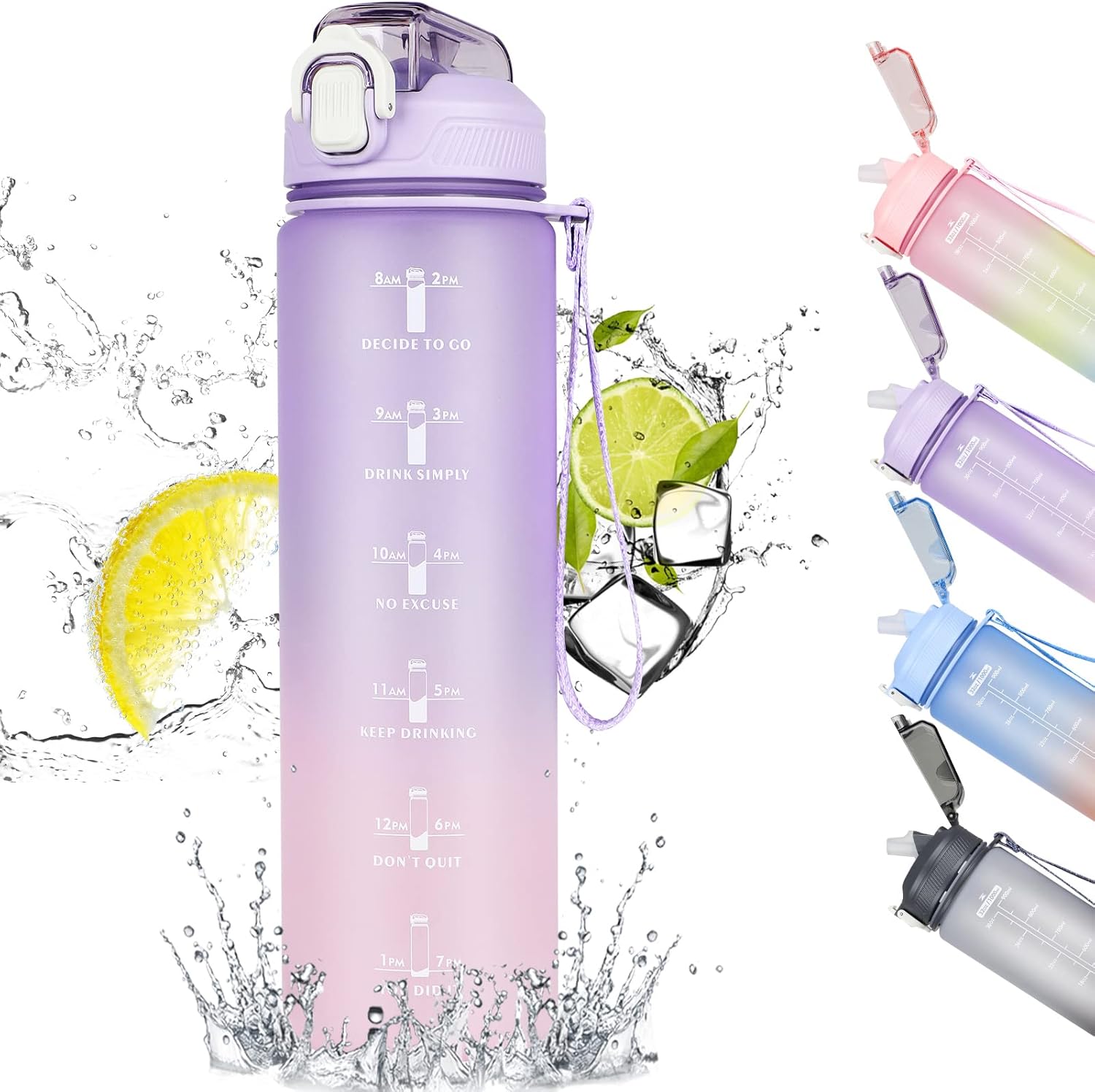 CodiCile 1L Water Bottle, Sports Water Bottle with Straw and Time Markings,Motivational Leakproof 1 litre Water Bottle with BPA Free Lid for Sports Gym Office Running (Gradient Purple)-0