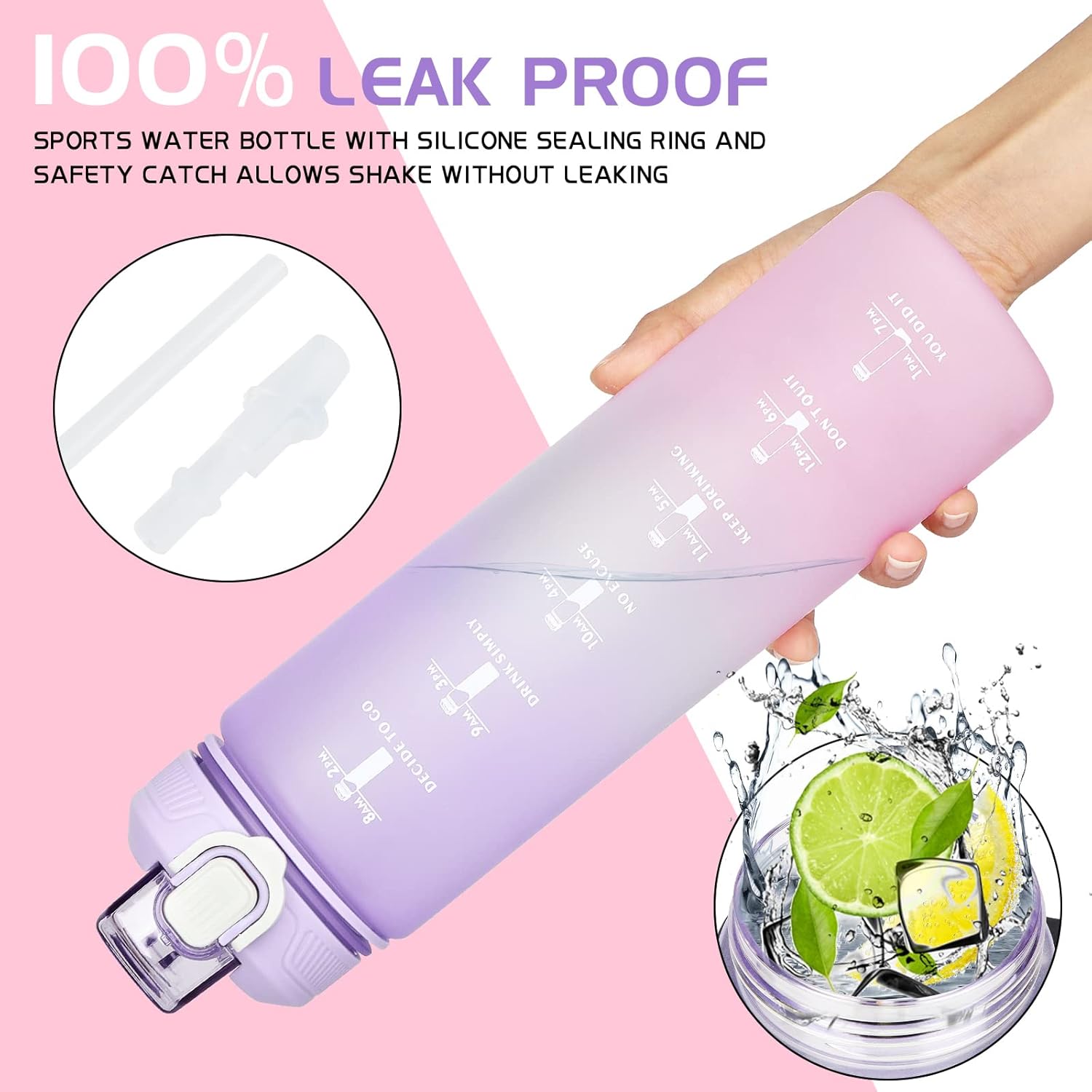 CodiCile 1L Water Bottle, Sports Water Bottle with Straw and Time Markings,Motivational Leakproof 1 litre Water Bottle with BPA Free Lid for Sports Gym Office Running (Gradient Purple)-2