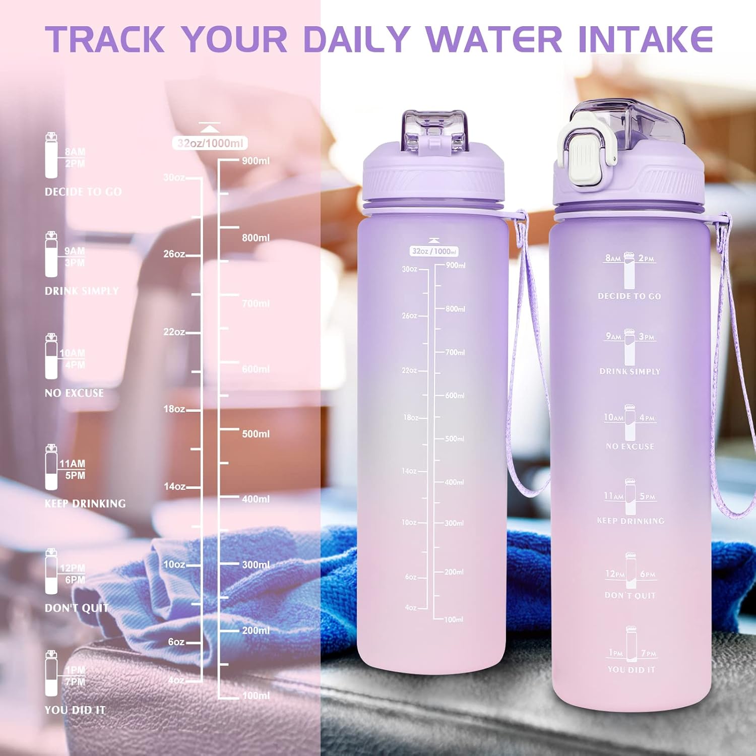 CodiCile 1L Water Bottle, Sports Water Bottle with Straw and Time Markings,Motivational Leakproof 1 litre Water Bottle with BPA Free Lid for Sports Gym Office Running (Gradient Purple)-3