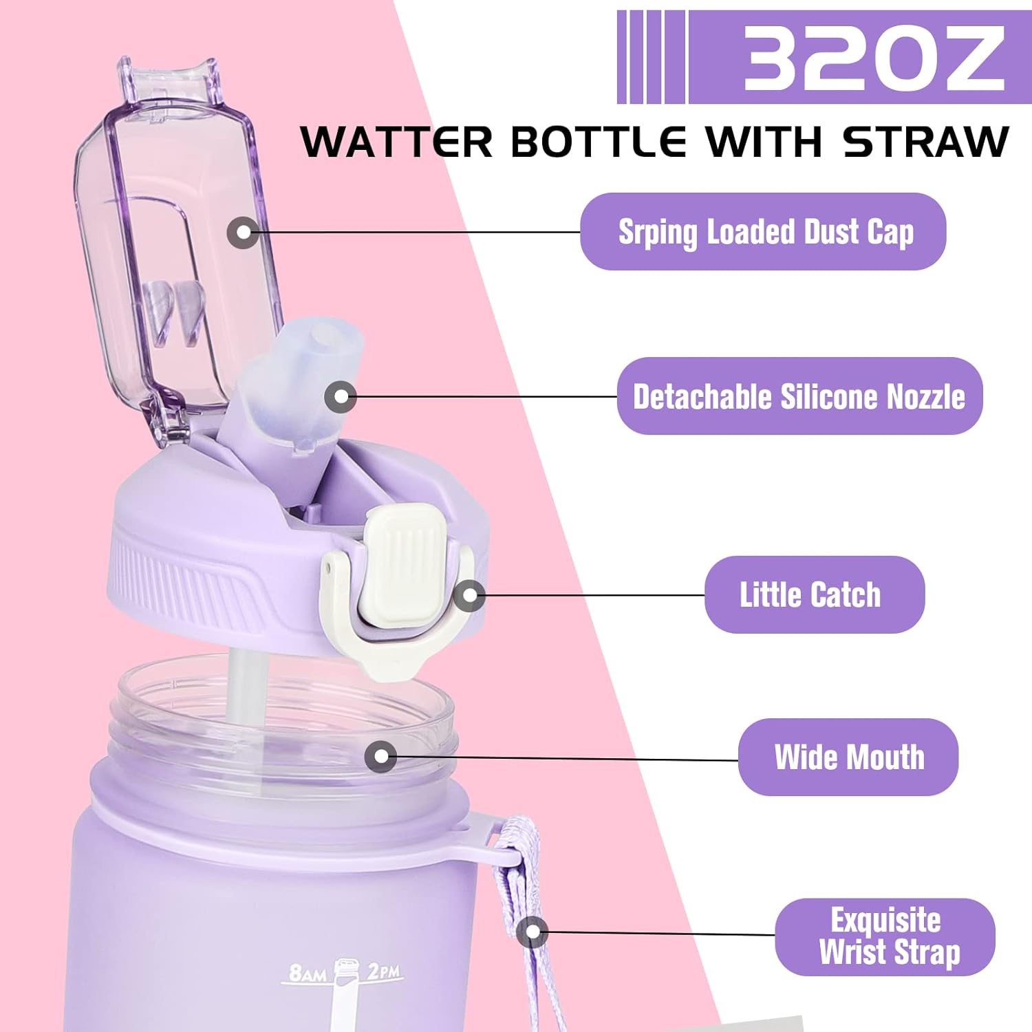 CodiCile 1L Water Bottle, Sports Water Bottle with Straw and Time Markings,Motivational Leakproof 1 litre Water Bottle with BPA Free Lid for Sports Gym Office Running (Gradient Purple)-4