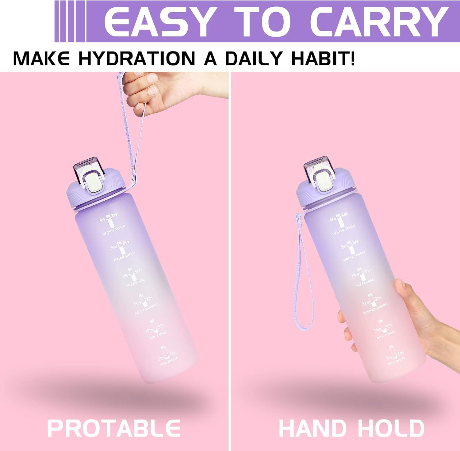 CodiCile 1L Water Bottle, Sports Water Bottle with Straw and Time Markings,Motivational Leakproof 1 litre Water Bottle with BPA Free Lid for Sports Gym Office Running (Gradient Purple)-5