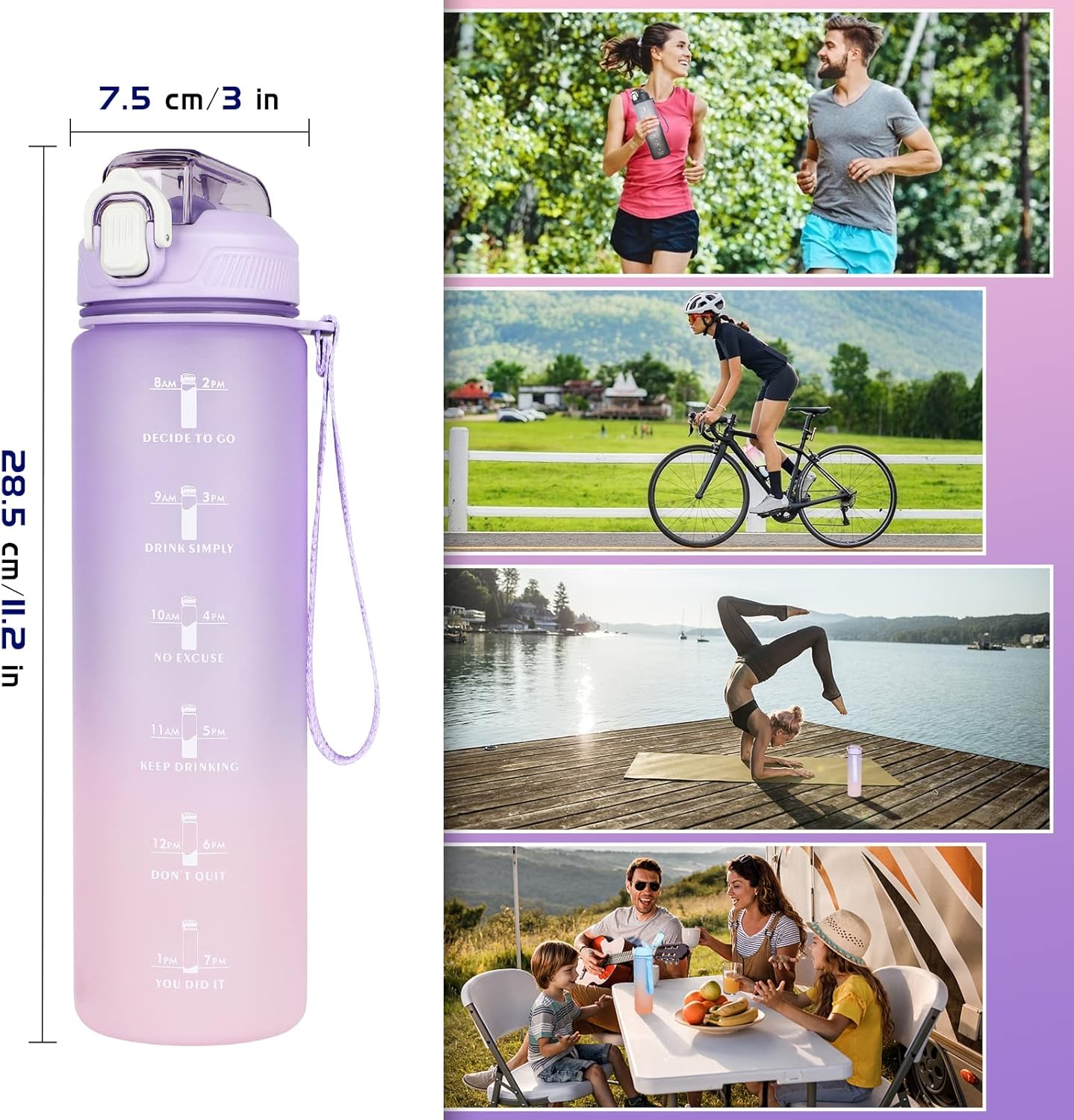 CodiCile 1L Water Bottle, Sports Water Bottle with Straw and Time Markings,Motivational Leakproof 1 litre Water Bottle with BPA Free Lid for Sports Gym Office Running (Gradient Purple)-6