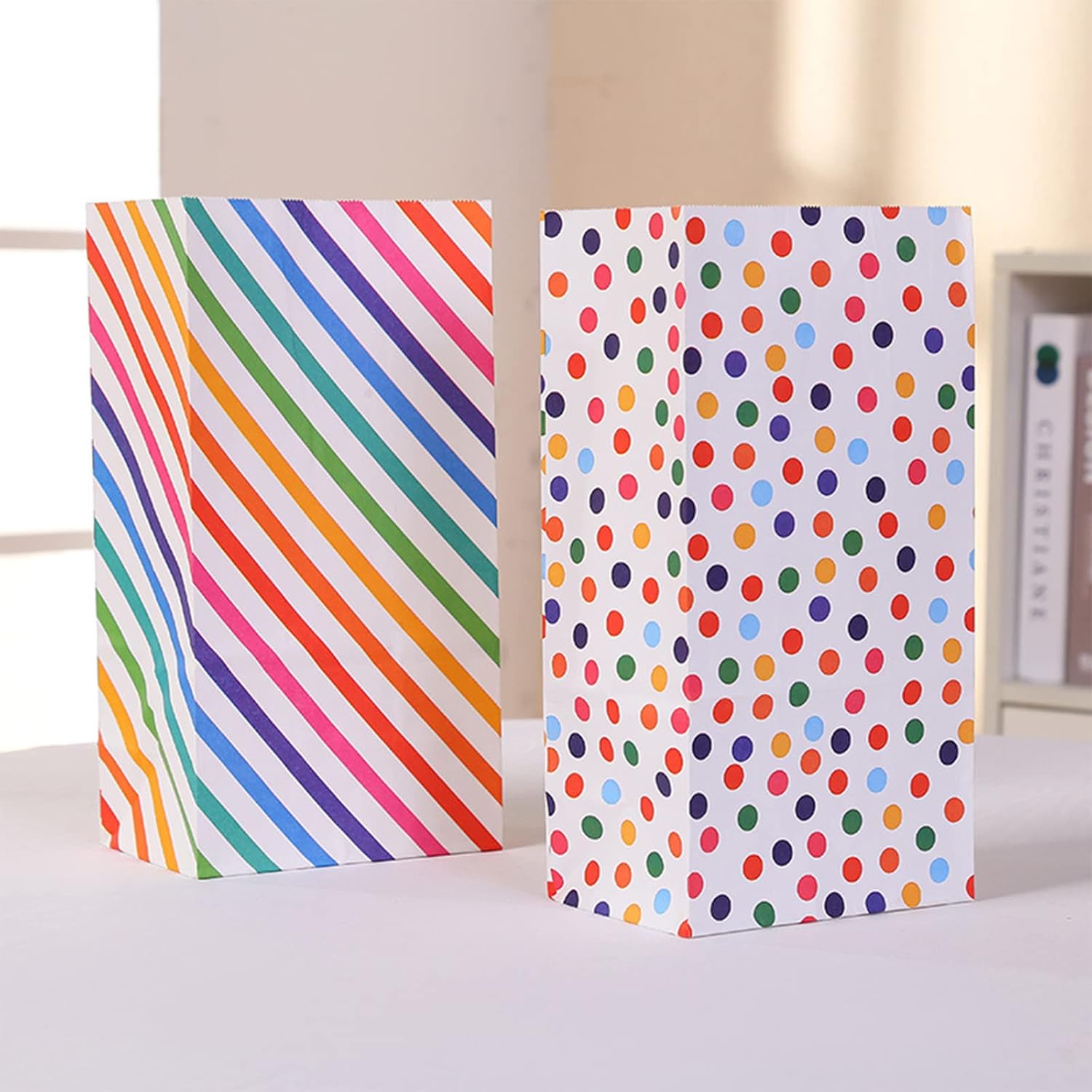 20PCS Kraft Paper Party Bags, AUERVO Rainbow Dots and Stripe Party Favor Bags Birthday Bags Gift Treat Bags With Thank You Stickers for Baby Shower Wedding Valentines' Day-3