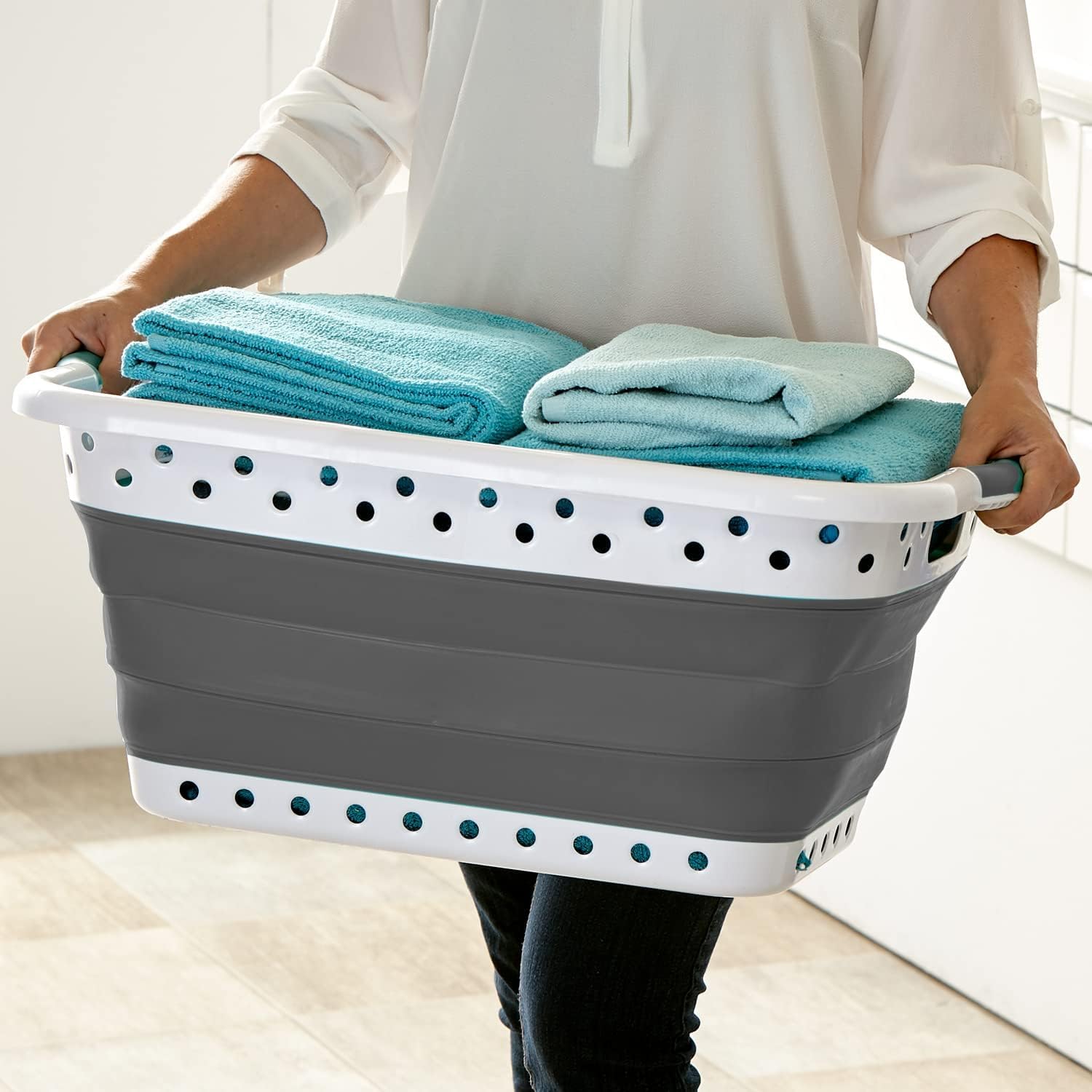 Aspect 42L Collapsible & Portable Laundry Basket | Convenient and Easy Space Saving Storage with Durable Plastic Handles | Preserve Hygiene | Perfect for Laundry Sorting - Grey-4