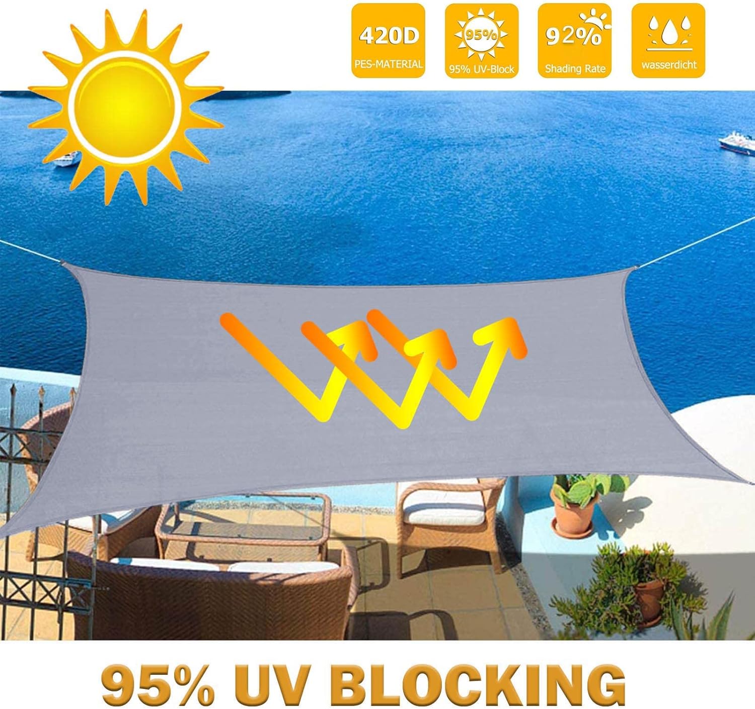 Sunal Sun Shade Sails 3m x 4m, Rectangle Waterproof Shade Sail for Garden, 98% UV Blocking Outdoor Sun Shade Shade Canopy with Free Rope for Outdoor Garden Pergola Patio Party Backyard Lawn, Grey-3