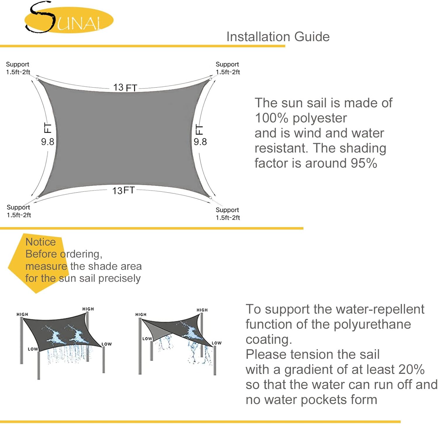 Sunal Sun Shade Sails 3m x 4m, Rectangle Waterproof Shade Sail for Garden, 98% UV Blocking Outdoor Sun Shade Shade Canopy with Free Rope for Outdoor Garden Pergola Patio Party Backyard Lawn, Grey-6