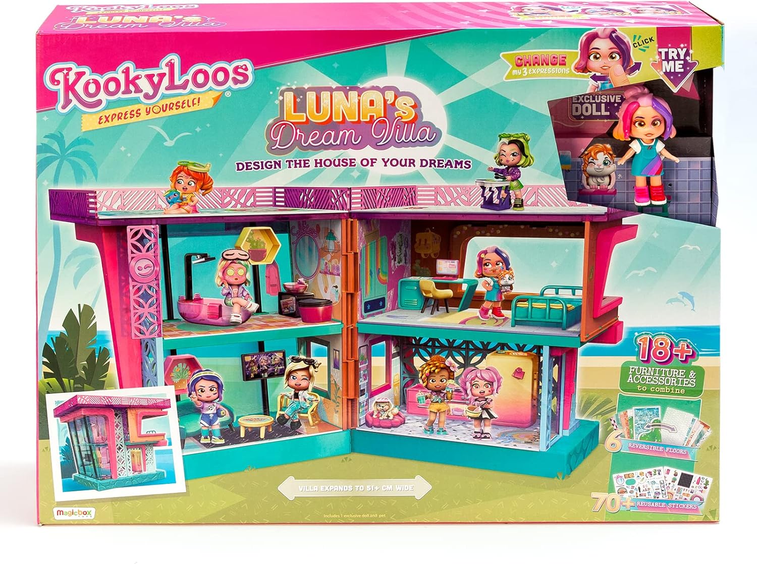 KOOKYLOOS Luna’s Dream Villa – Doll house with accessories, and exclusive doll and pets. Includes furniture, stickers and interchangeable flooring-6