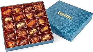 REEMAS GOURMET Dates Stuffed Dried Fruit & Nuts (Hazelnut Pecan Cashew Orange Ginger) 20 Pcs- All Natural Celebration Gift Box- Healthy Sweet- Vegan Premium Medjool Mabroom