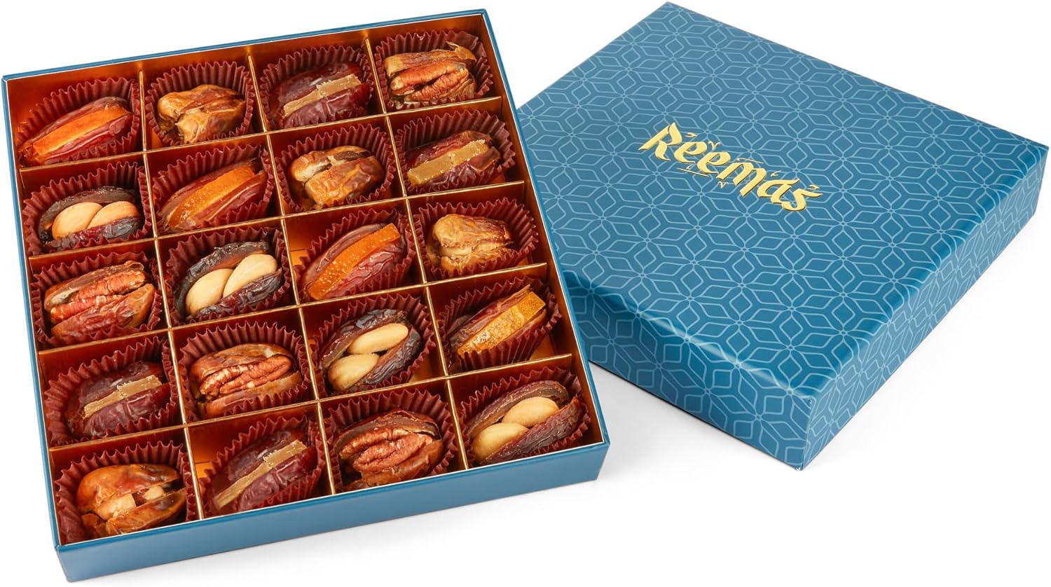 REEMAS GOURMET Dates Stuffed Dried Fruit & Nuts (Hazelnut Pecan Cashew Orange Ginger) 20 Pcs- All Natural Celebration Gift Box- Healthy Sweet- Vegan Premium Medjool Mabroom-0