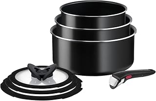 Tefal Ingenio Easy ON 7 piece Non-Stick Saucepan Set , 16&18&20 cm Saucepans, 16&18&20 cm Glass Lids, Bakelite Removable Handle, Easy Cleaning, Heat Indicator, Black, L1599602