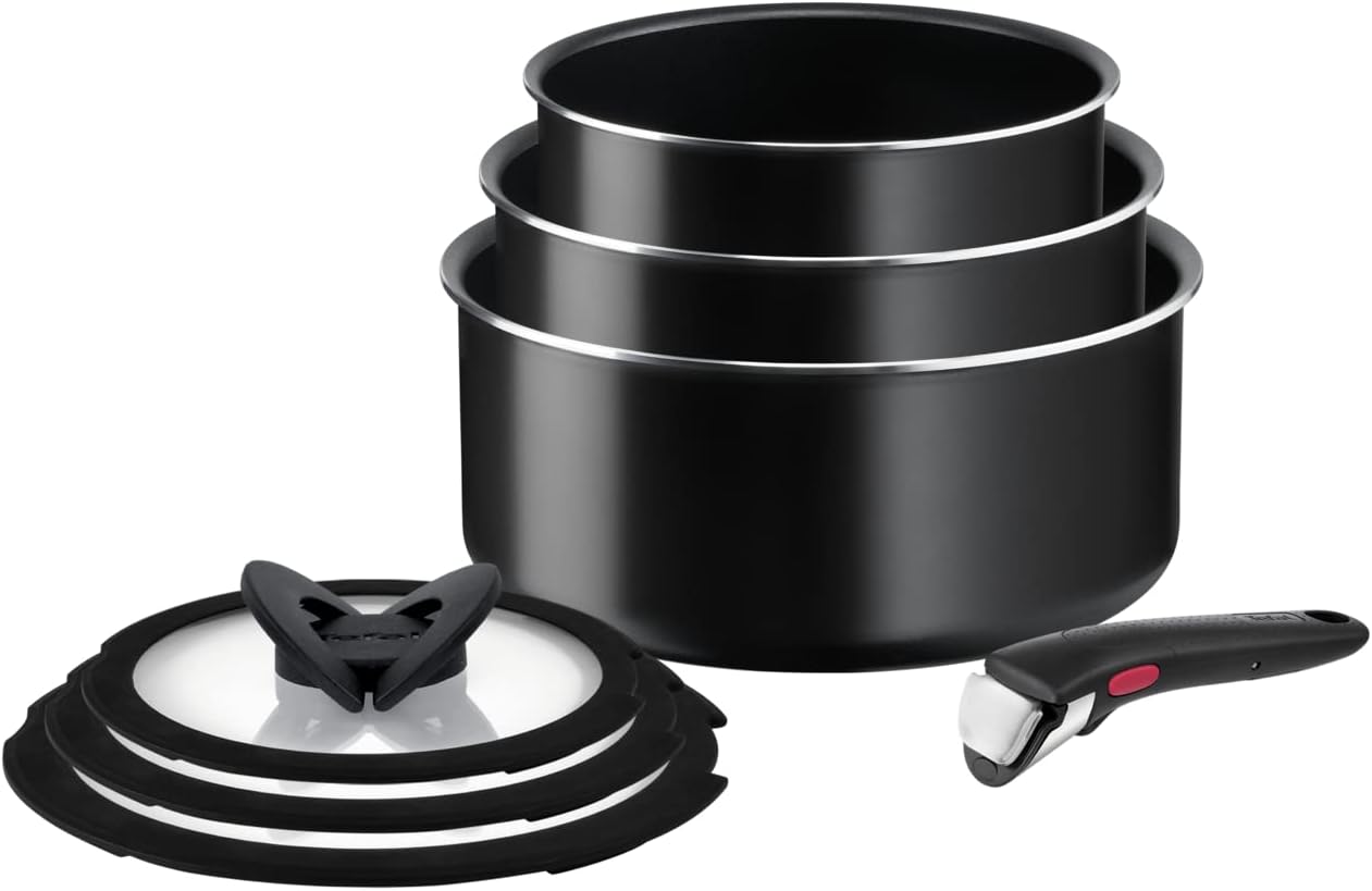 Tefal Ingenio Easy ON 7 piece Non-Stick Saucepan Set , 16&18&20 cm Saucepans, 16&18&20 cm Glass Lids, Bakelite Removable Handle, Easy Cleaning, Heat Indicator, Black, L1599602-0