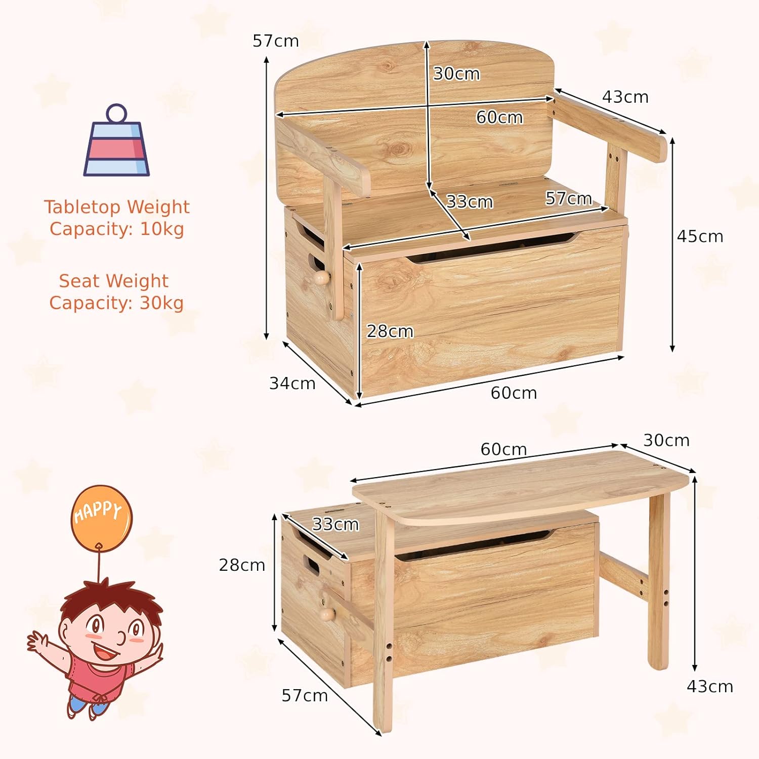 GYMAX 3 in 1 Kids Storage Bench, Convertible Toy Storage Box with Safety Hinge, Wooden Children Table and Chair Set for Playroom Bedroom (Natural)-2