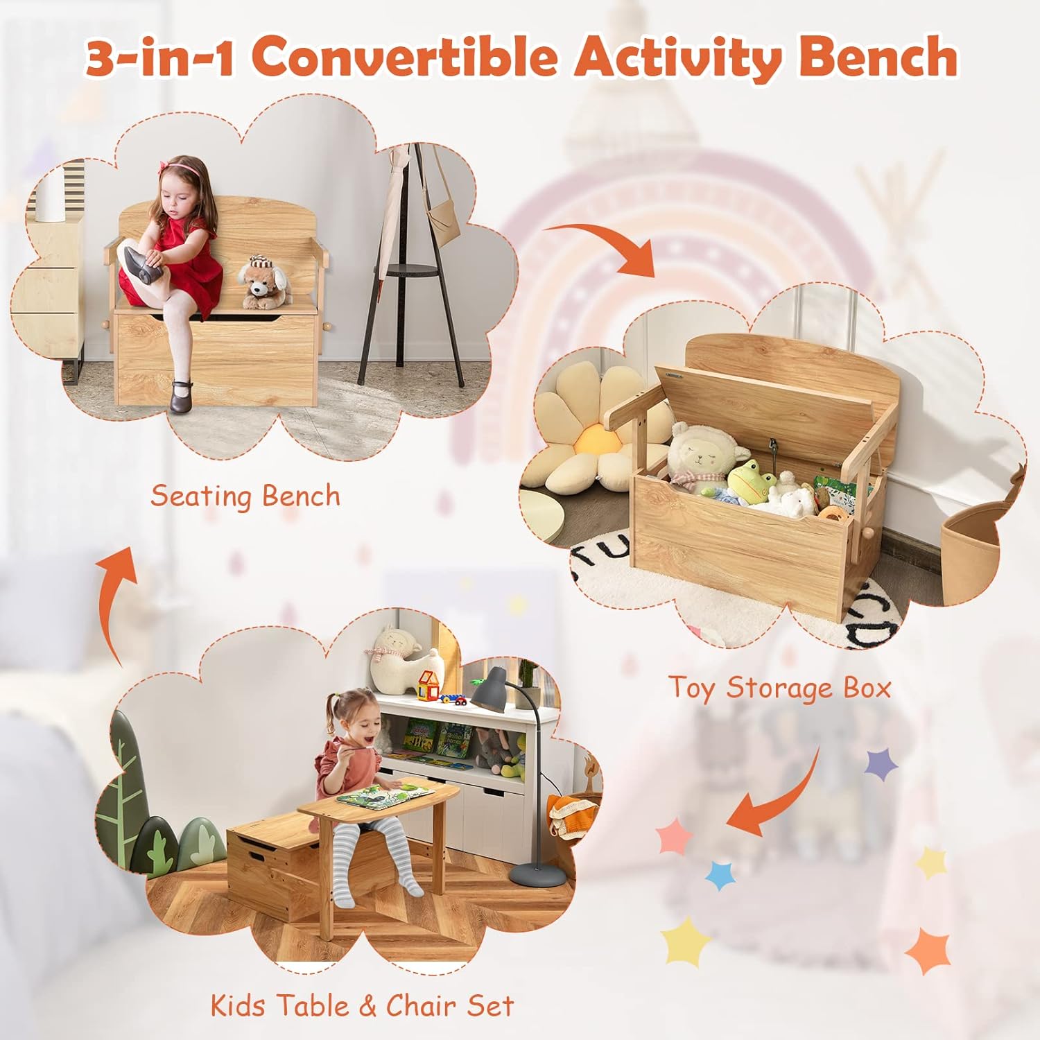 GYMAX 3 in 1 Kids Storage Bench, Convertible Toy Storage Box with Safety Hinge, Wooden Children Table and Chair Set for Playroom Bedroom (Natural)-3