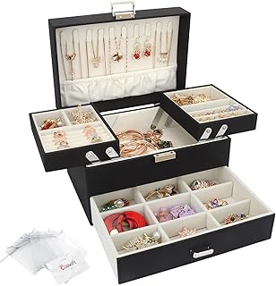 Casiwaft Jewellery Box Organiser, 3 Layer PU Leather Jewellery Case, Large Jewellery Organiser with Drawer, Jewellery Storage Case for Necklaces Earrings Bracelets and Rings, Black