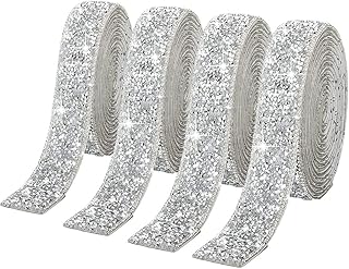 4 Rolls Silver Glitter Resin Rhinestone Ribbons Self-Adhesive Belt Sparkling Diamond Bling Stickers Wrap Crystal Roll for DIY Arts Crafts,10mm