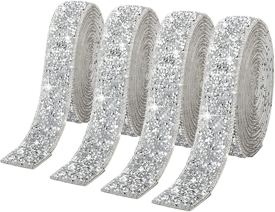 4 Rolls Silver Glitter Resin Rhinestone Ribbons Self-Adhesive Belt Sparkling Diamond Bling Stickers Wrap Crystal Roll for DIY Arts Crafts,10mm-0