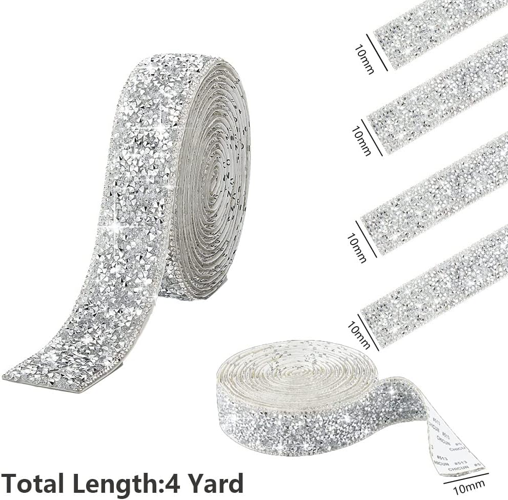 4 Rolls Silver Glitter Resin Rhinestone Ribbons Self-Adhesive Belt Sparkling Diamond Bling Stickers Wrap Crystal Roll for DIY Arts Crafts,10mm-1