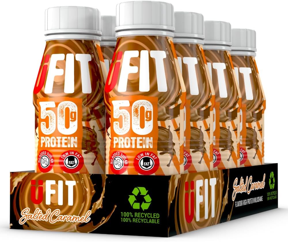 UFIT High 50g Protein Shake, No Added Sugar, Low in Fat, Salted Caramel Flavour Ready to Drink, Pack of 8 x 500 ml (Packaging May Vary)…-0