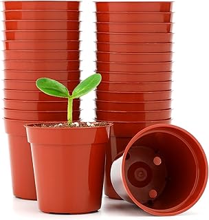 KINGLAKE 50Pcs Mini Plastic Plant Pots 5.4cm, Small Flower Pots Round Seed Nursery Pots for Seeds Seedling Vegetabels Herbs, Terracotta Color