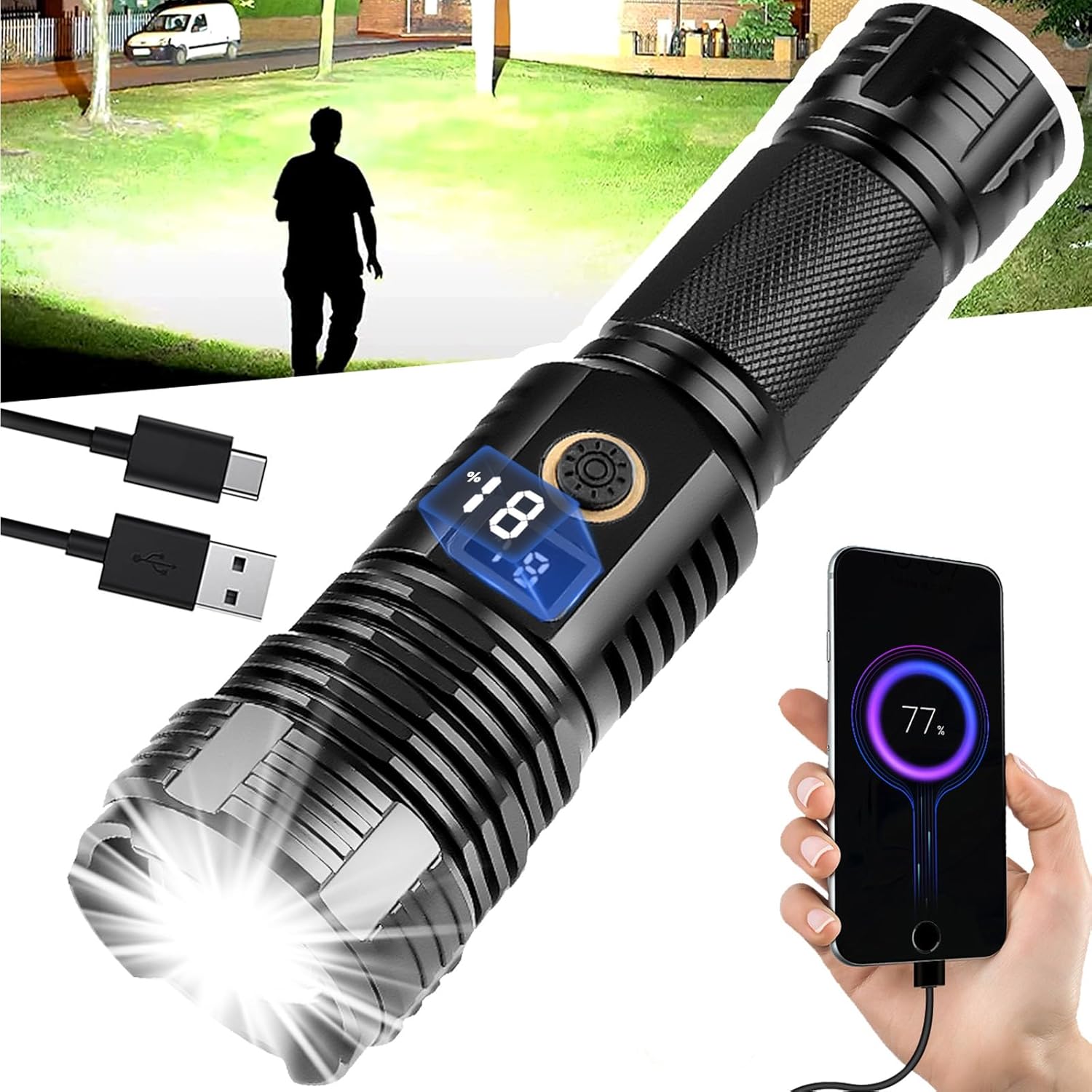 LED Rechargeable Torch Super Bright Flashlights High Lumens, 90000 Lumens Tactical Flashlights, Zoomable Waterproof Flashlight 5 Modes for Emergencies, Camping, Hiking, Hunting, Outdoor （Small）-0