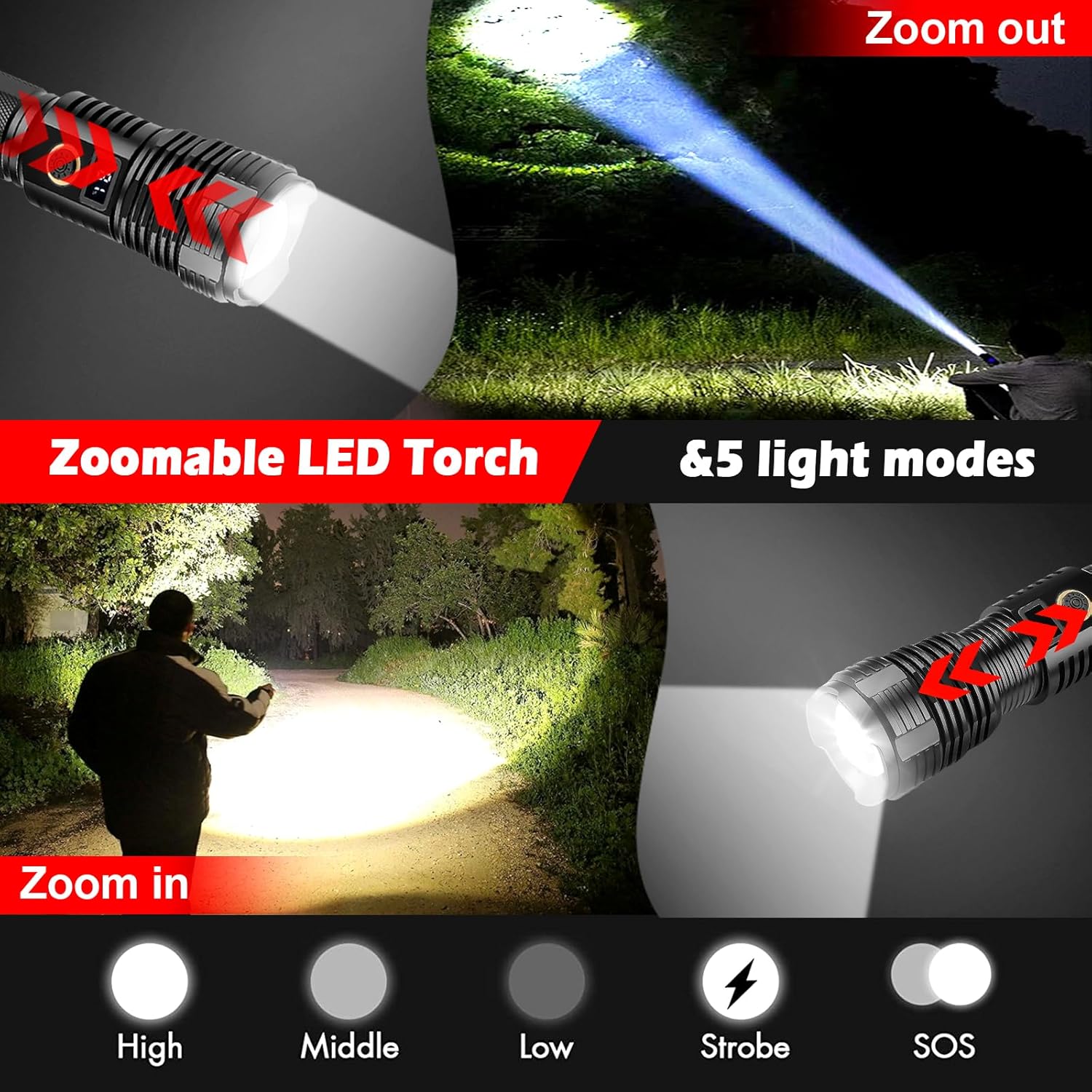 LED Rechargeable Torch Super Bright Flashlights High Lumens, 90000 Lumens Tactical Flashlights, Zoomable Waterproof Flashlight 5 Modes for Emergencies, Camping, Hiking, Hunting, Outdoor （Small）-3