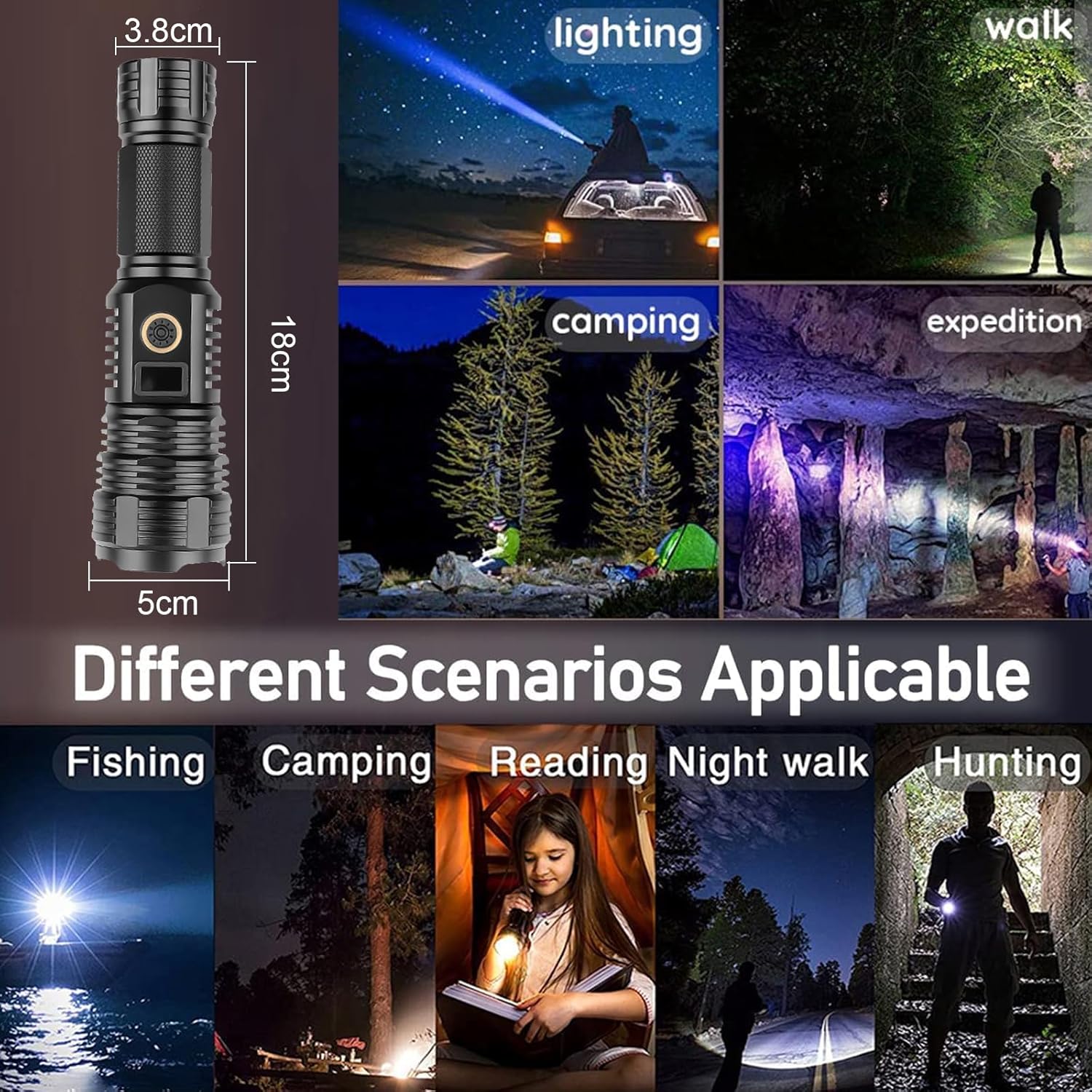 LED Rechargeable Torch Super Bright Flashlights High Lumens, 90000 Lumens Tactical Flashlights, Zoomable Waterproof Flashlight 5 Modes for Emergencies, Camping, Hiking, Hunting, Outdoor （Small）-5