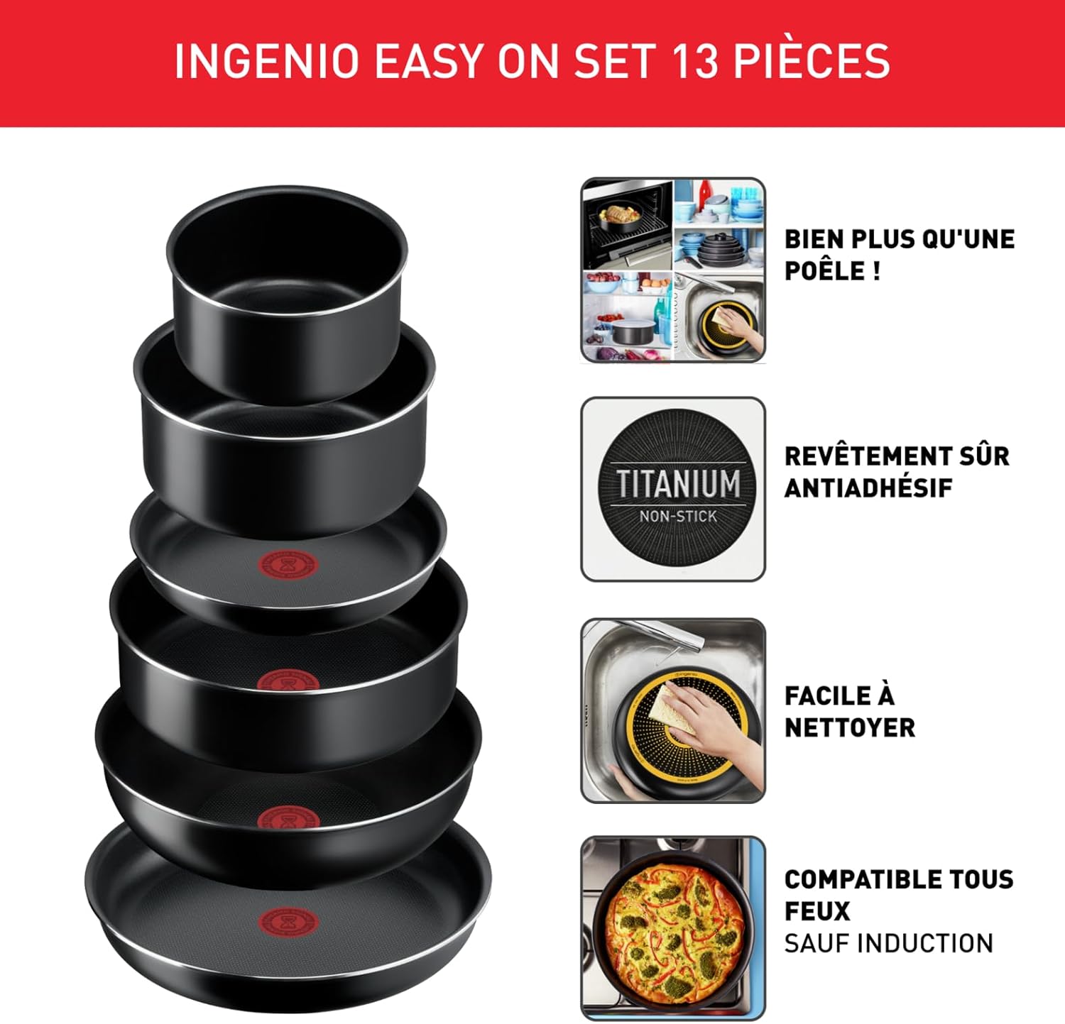 Tefal Ingenio Easy ON 13 piece Non-Stick Pan Set, 22&28 cm Frying Pans, 16&20 cm Saucepans, 24 cm Sautepan, 26 cm Wok Pan, 16&20&24 cm Glass Lids, 16&20 Hermetic Lids, 2 Removable Handles, L1599243-2