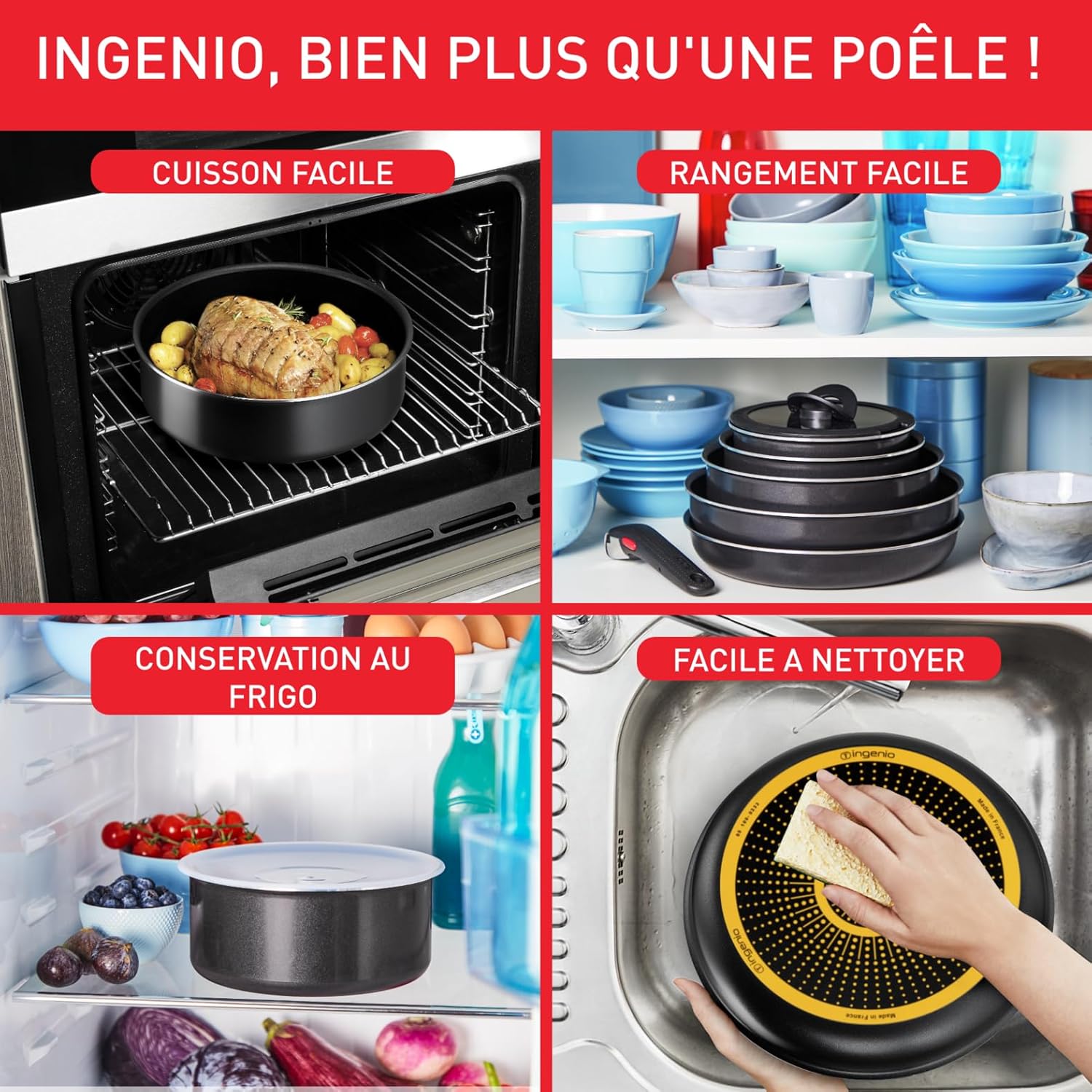 Tefal Ingenio Easy ON 13 piece Non-Stick Pan Set, 22&28 cm Frying Pans, 16&20 cm Saucepans, 24 cm Sautepan, 26 cm Wok Pan, 16&20&24 cm Glass Lids, 16&20 Hermetic Lids, 2 Removable Handles, L1599243-6