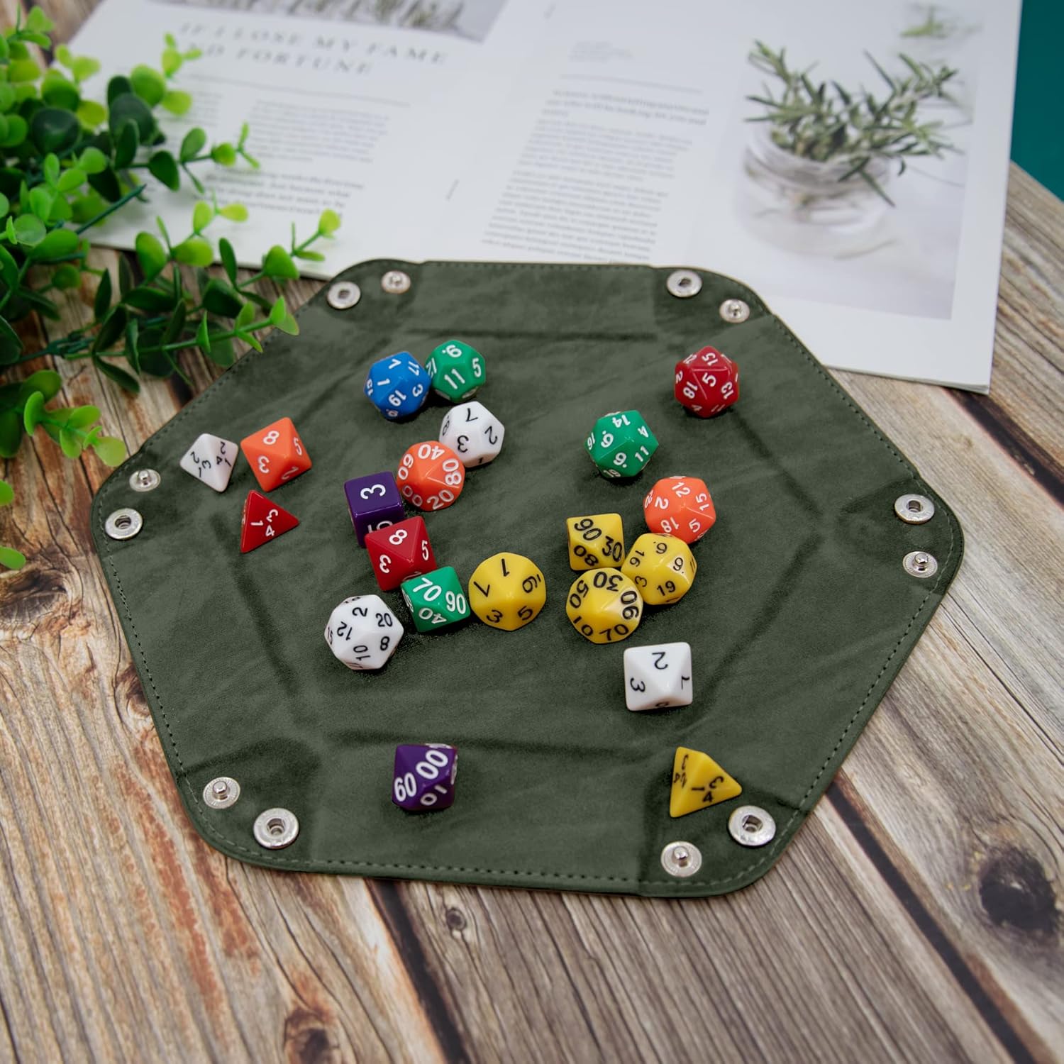 SIQUK 4 Pieces Dice Tray Hexagon Dice Rolling Tray Folding PU Leather Velvet Dice Tray for RPG DND and Other Dice Game (Dark Green, Violet, Red, Black)-3