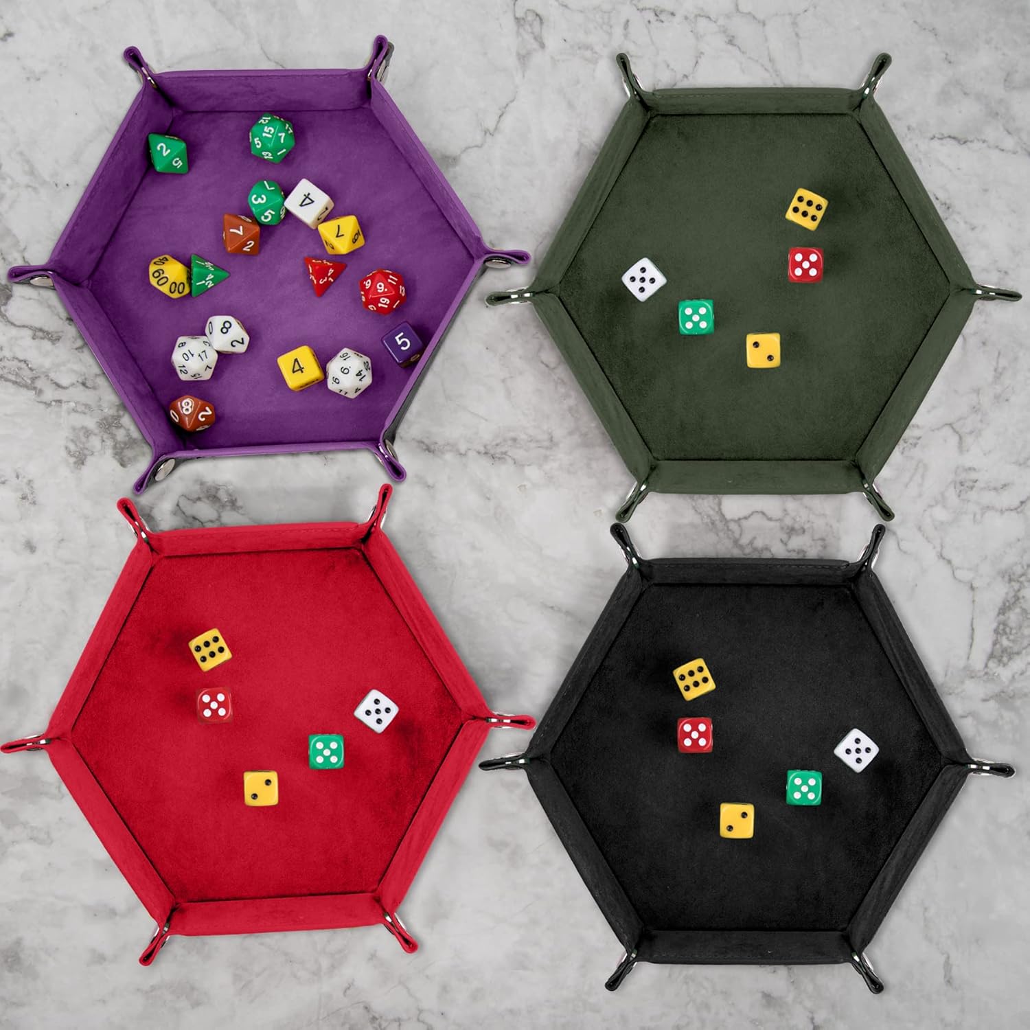 SIQUK 4 Pieces Dice Tray Hexagon Dice Rolling Tray Folding PU Leather Velvet Dice Tray for RPG DND and Other Dice Game (Dark Green, Violet, Red, Black)-5