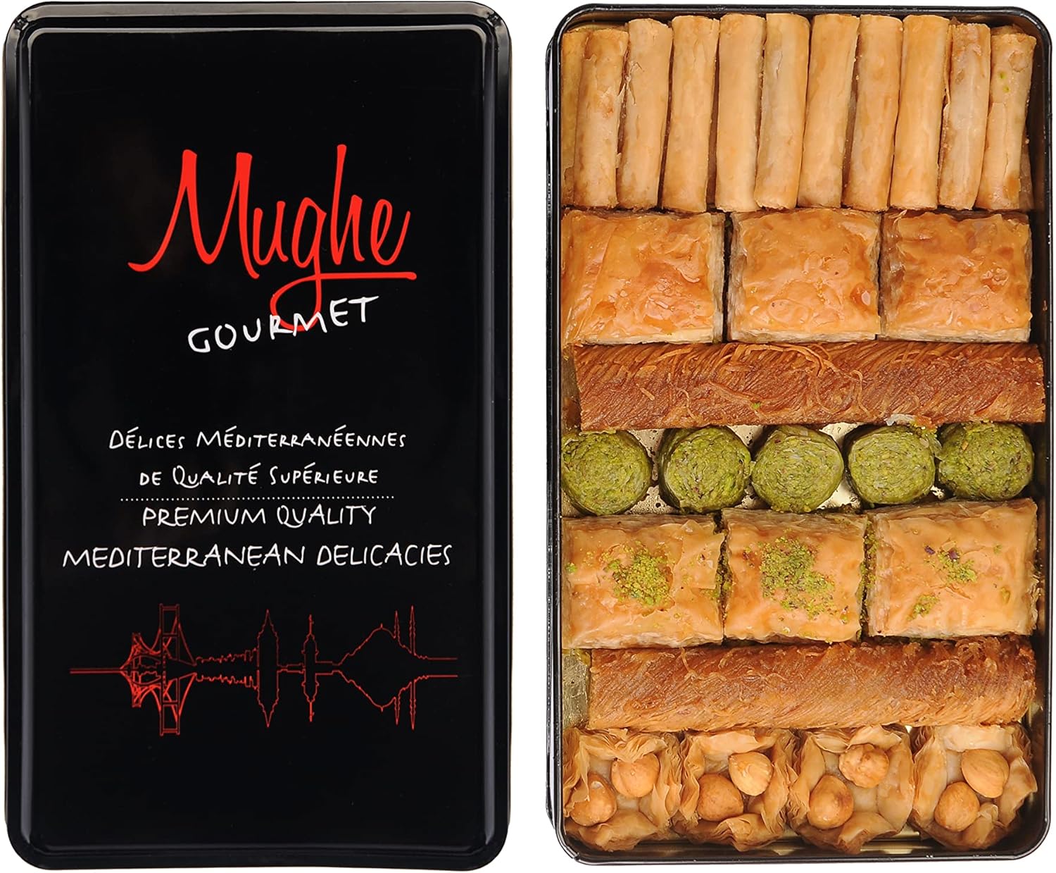 Mughe Gourmet Luxury Assorted Turkish Baklava Pastry Gift Elegant Tin Box 1.32lb/600g - Pistachio, Walnut, Cashew, Hazelnut Dessert Gifts Bitesize Baklawa Sweet Perfect for Fathers Day and more-0