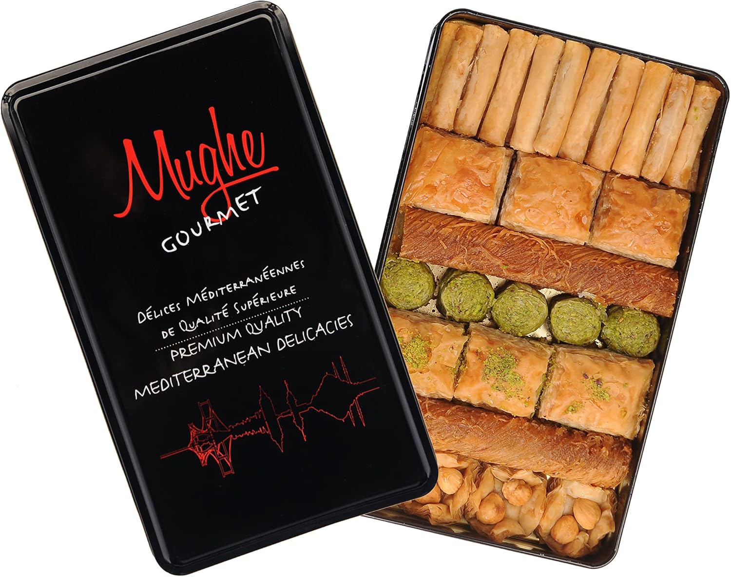 Mughe Gourmet Luxury Assorted Turkish Baklava Pastry Gift Elegant Tin Box 1.32lb/600g - Pistachio, Walnut, Cashew, Hazelnut Dessert Gifts Bitesize Baklawa Sweet Perfect for Fathers Day and more-1