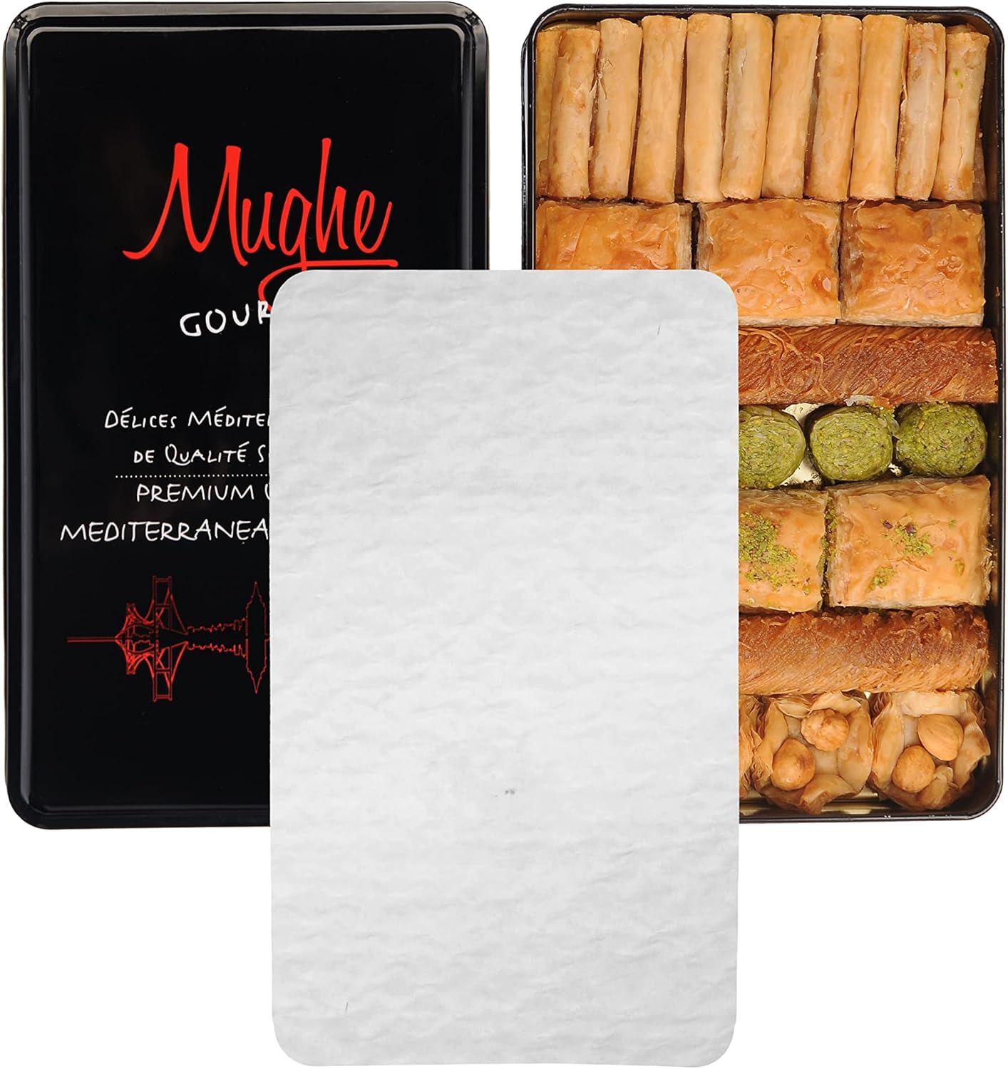 Mughe Gourmet Luxury Assorted Turkish Baklava Pastry Gift Elegant Tin Box 1.32lb/600g - Pistachio, Walnut, Cashew, Hazelnut Dessert Gifts Bitesize Baklawa Sweet Perfect for Fathers Day and more-2