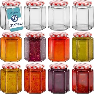 HEFTMAN Small Glass Jars with Lids - 12 Pack Airtight 250ml Jam Jars with Red Gingham Lids for Use as Pickling Jars, Glass Jars for Candle Making, Preserving Jars - Hexagonal Small Jars (Empty)