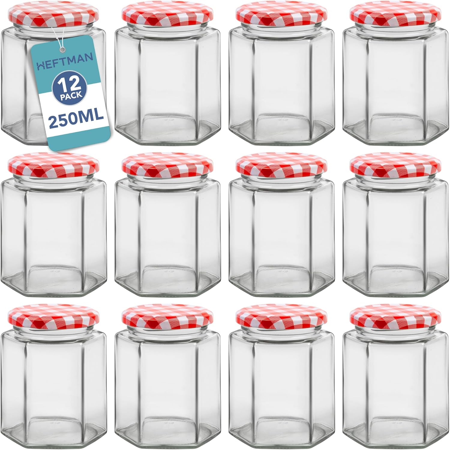 HEFTMAN Small Glass Jars with Lids - 12 Pack Airtight 250ml Jam Jars with Red Gingham Lids for Use as Pickling Jars, Glass Jars for Candle Making, Preserving Jars - Hexagonal Small Jars (Empty)-7