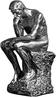 LECMACY Famous Thinking Man Resin Character Sculpture - 9.64-Inch Premium Grade Collectible Figurine Design Rodin's Thinker Inspired Decorative Statue for Home Office Bookshelf (Silver)