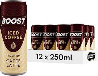 Boost Iced Coffee Caffe Latte, 12 x 250 ml, Ready-To-Drink Cold Brew Coffee Drink, The Perfect Caffeine Boost, A Smooth and Creamy Full-Bodied Blend of 100% Arabica and Robusta Beans with Milk