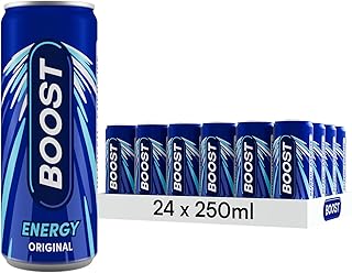 Boost Energy Drink Original Flavour - 24 Pack Drinks with Caffeine, Taurine and Vitamin B | Carbonated Energy Drinks | Gluten Free Vegan Low Calorie Fizzy Drinks Multipack | 24x250ml