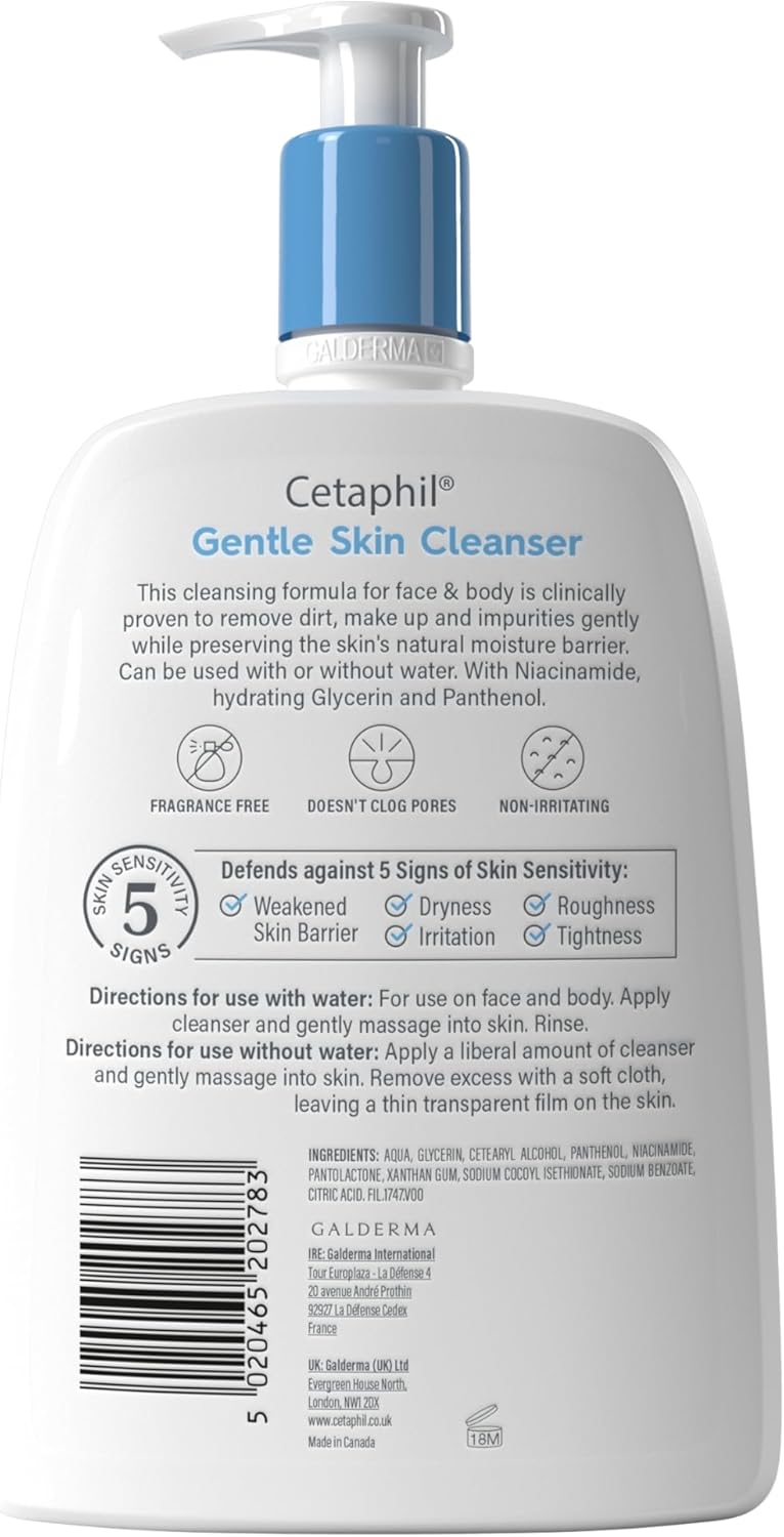 Cetaphil Gentle Skin Cleanser, 1L, Face & Body Wash, For Normal To Dry Sensitive Skin, With Niacinamide & Glycerin, Soap Free-9