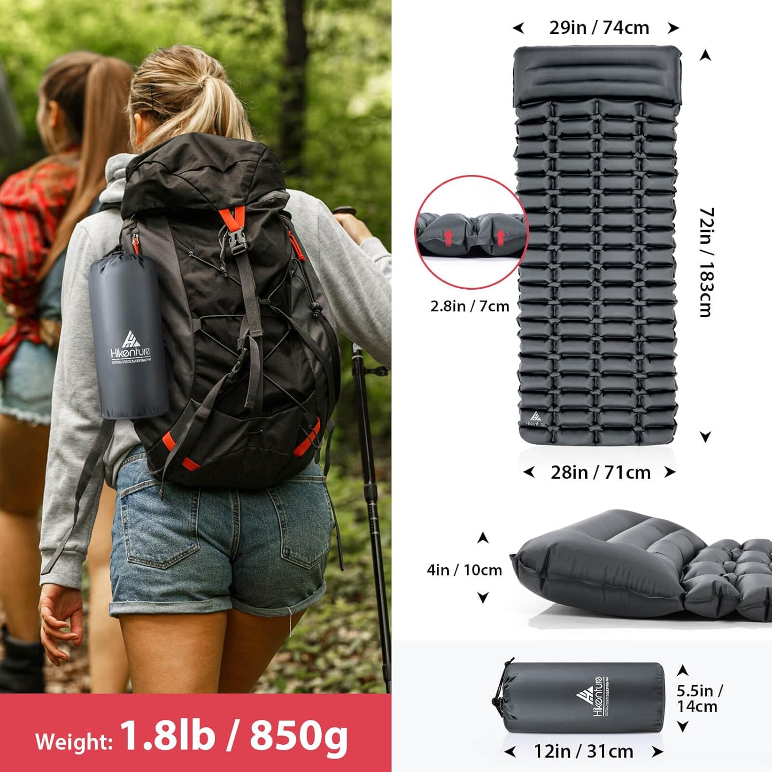 HIKENTURE Camping Mat, 28" Ultra-Wide Sleeping Mat with Pump Sack, Waterproof Inflatable Camping Mattress with Built-In Pillow, Lightweight Sleeping Pad for Camping Backpacking Hiking(Grey)-3